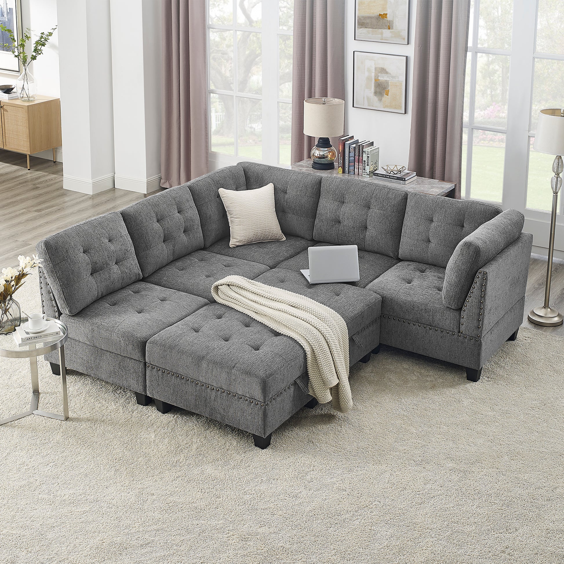 L Shape Modular Sectional Sofa,Diy Combination,Includes Three Single Chair ,Two Corner And Two Ottoman,Grey Chenille Grey Foam Chenille