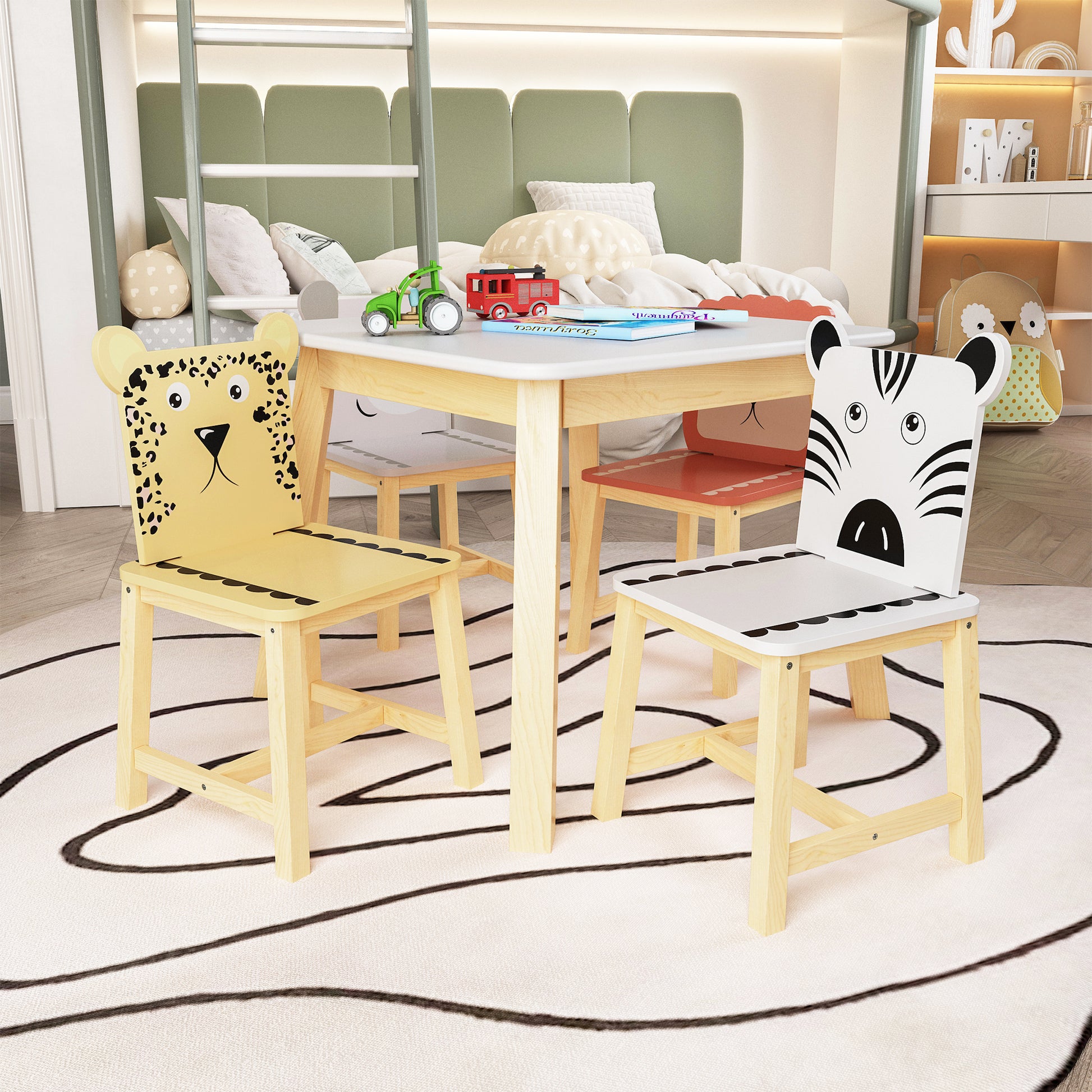 5 Piece Kiddy Table And Chair Setkids Wood Table With 4 Chairs Set Cartoon Animals Bigger Table 3 8 Years Old White Solid Wood