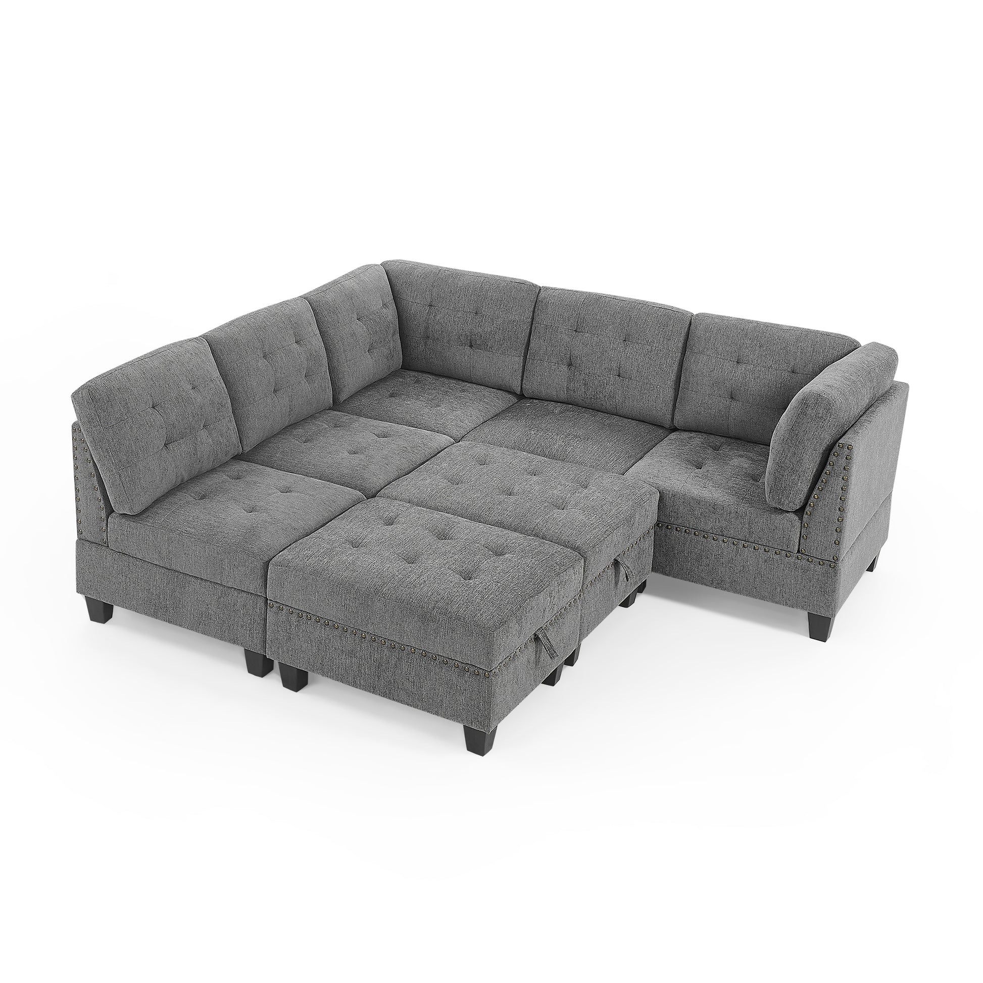 L Shape Modular Sectional Sofa,Diy Combination,Includes Three Single Chair ,Two Corner And Two Ottoman,Grey Chenille Grey Foam Chenille