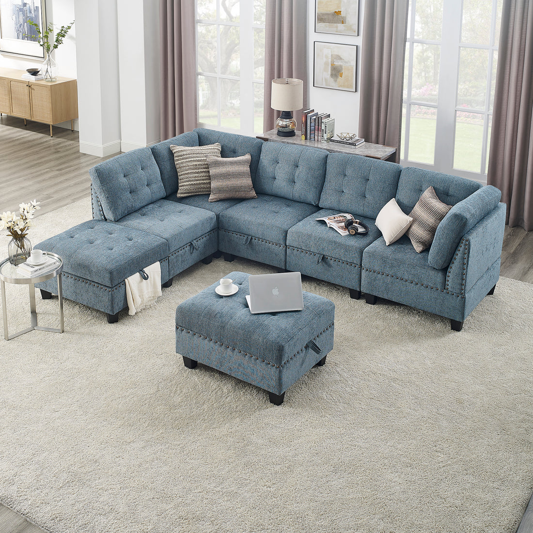 L Shape Modular Sectional Sofa,Diy Combination,Includes Three Single Chair ,Two Corner And Two Ottoman,Navy Blue Navy Blue Foam Chenille