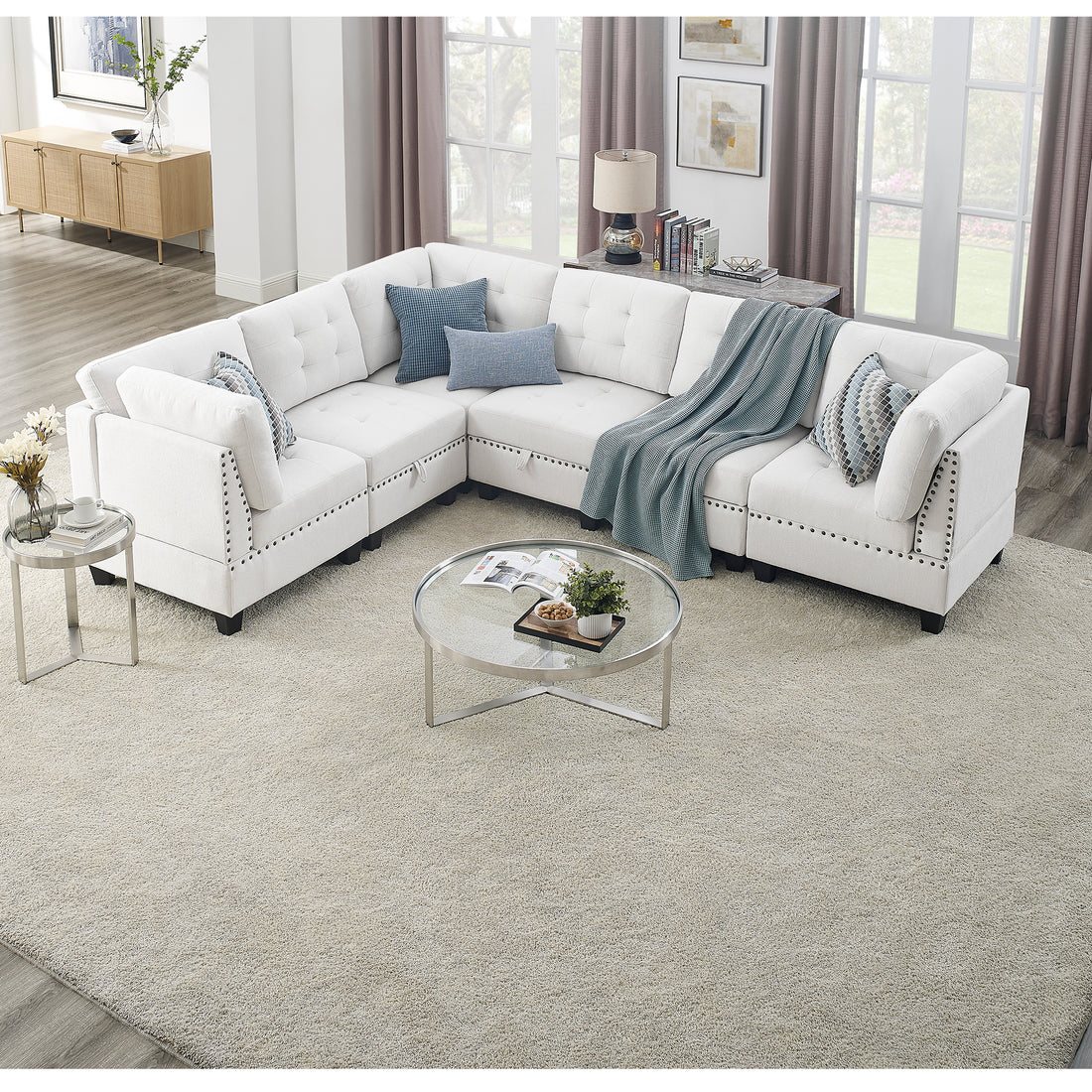 L Shape Modular Sectional Sofa,Diy Combination,Includes Three Single Chair And Three Corner ,Ivory Chenille Ivory Foam Chenille