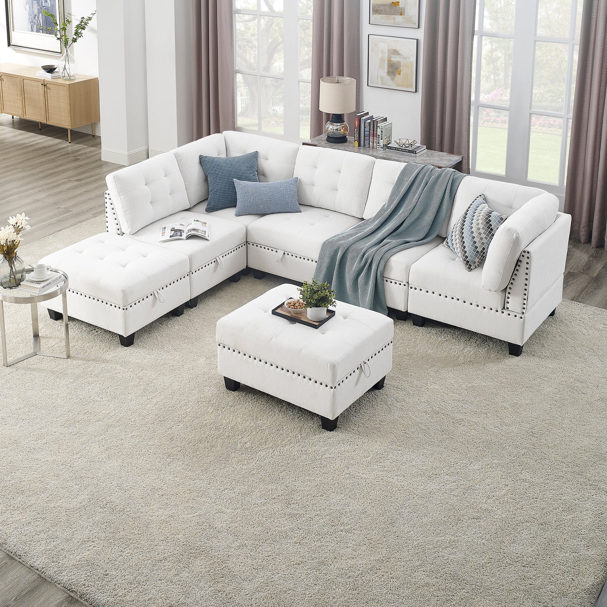 L Shape Modular Sectional Sofa,Diy Combination,Includes Three Single Chair ,Two Corner And Two Ottoman,Ivory Chenille Ivory Foam Chenille