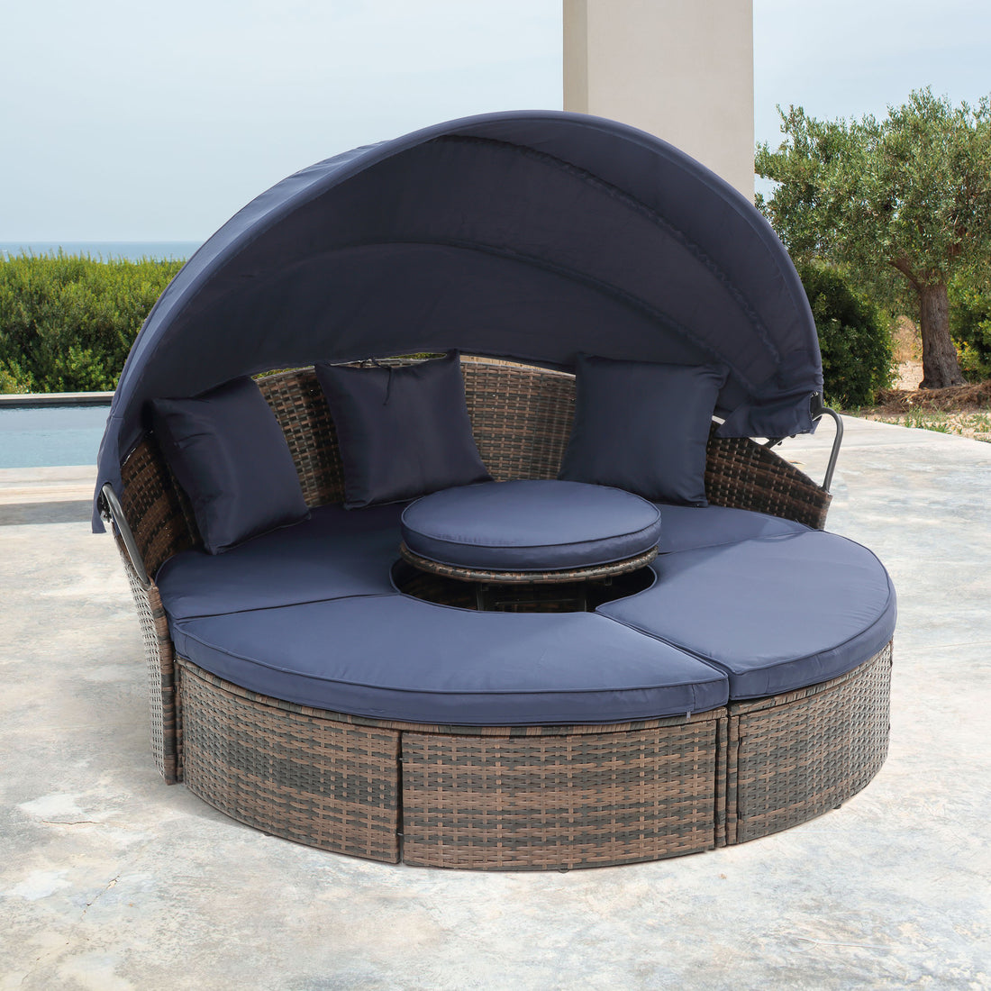 Kd Rattan Round Lounge With Canopy Bali Canopy Bed Outdoor, Wicker Outdoor Sofa Bed With Lift Coffee Table Navy Blue Cotton Steel