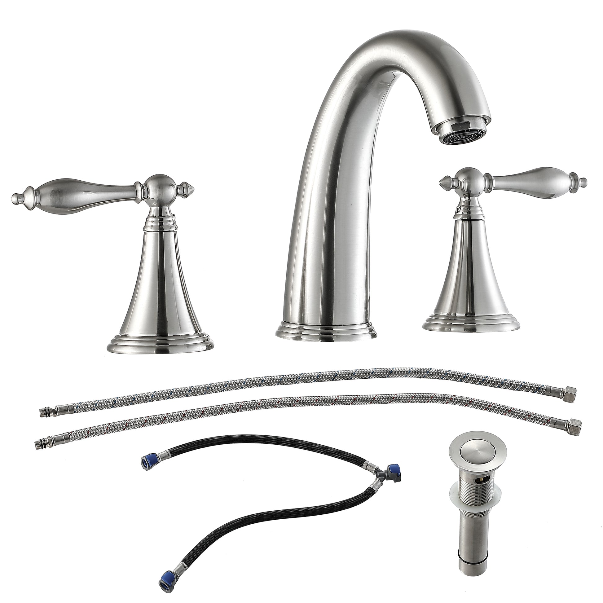 2 Handle Widespread Bathroom Faucet 3 Hole, With Pop Up Drain And 2 Water Supply Lines, Brushed Nickel Brushed Nickel Stainless Steel