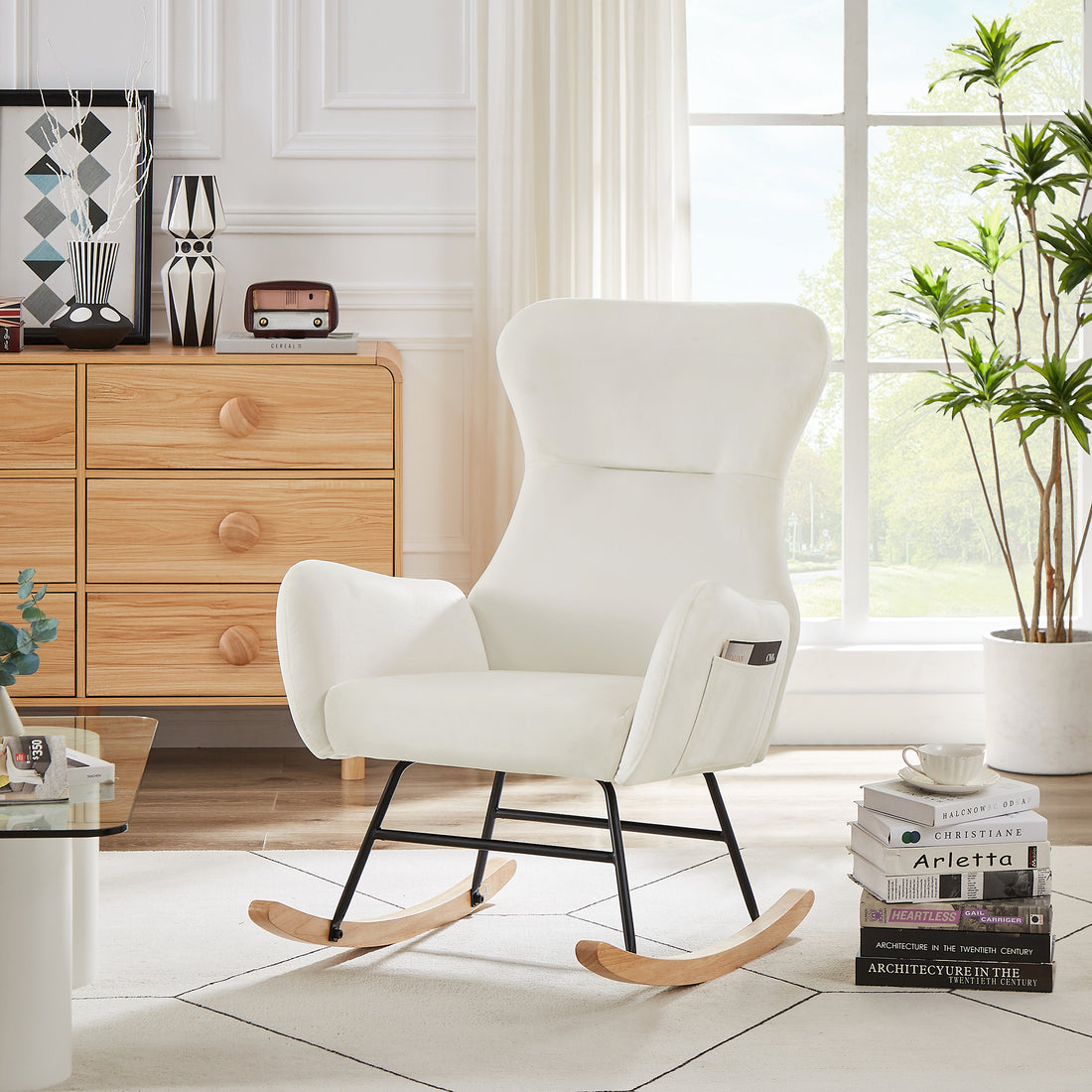 Cream White Velvet Rocking Chair Cream White Foam Metal