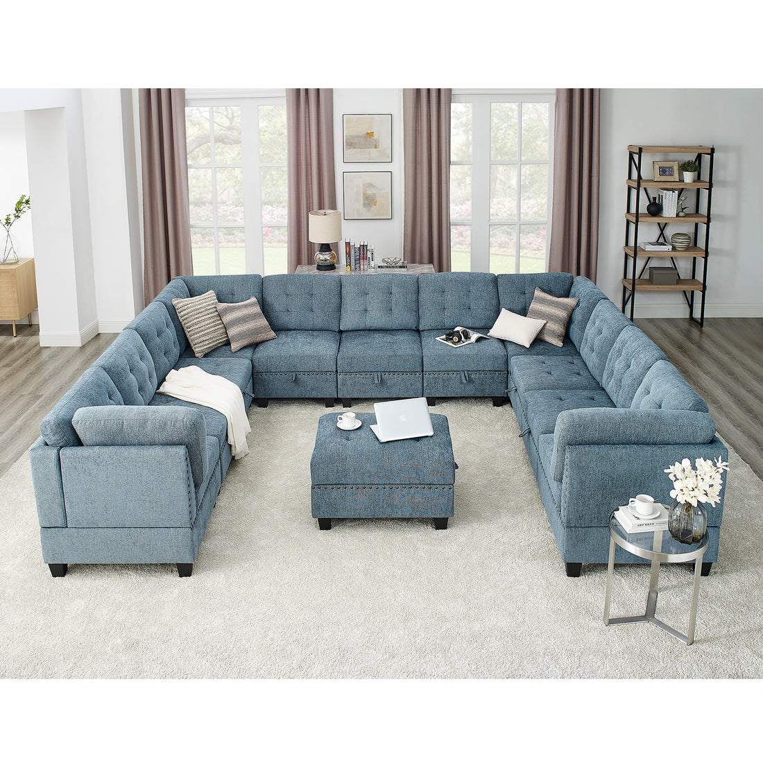 U Shape Modular Sectional Sofa,Diy Combination,Includes Seven Single Chair, Four Corner And One Ottoman,Navy Blue Navy Plywood Chenille