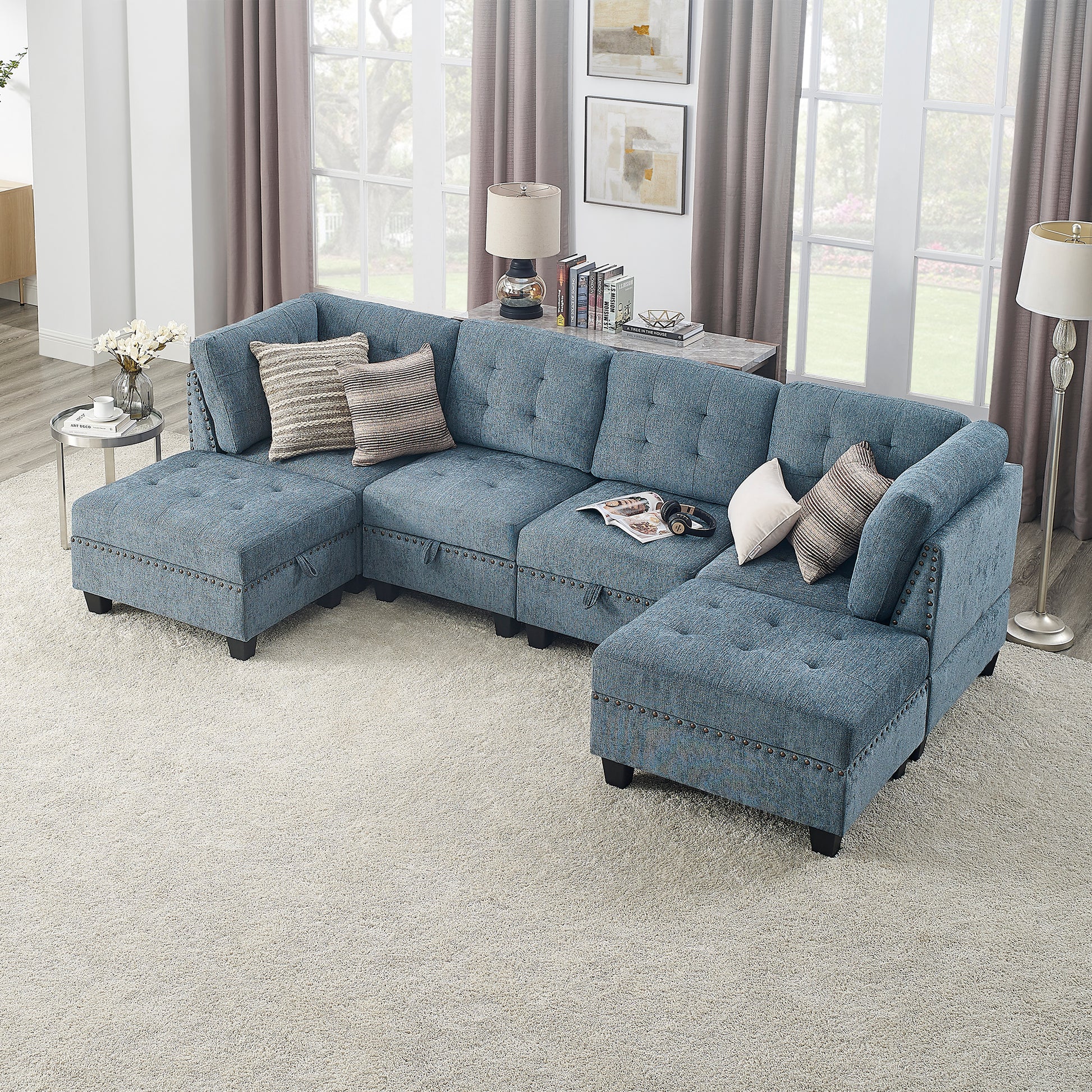 U Shape Modular Sectional Sofa,Diy Combination,Includes Two Single Chair ,Two Corner And Two Ottoman,Navy Chenille Navy Chenille