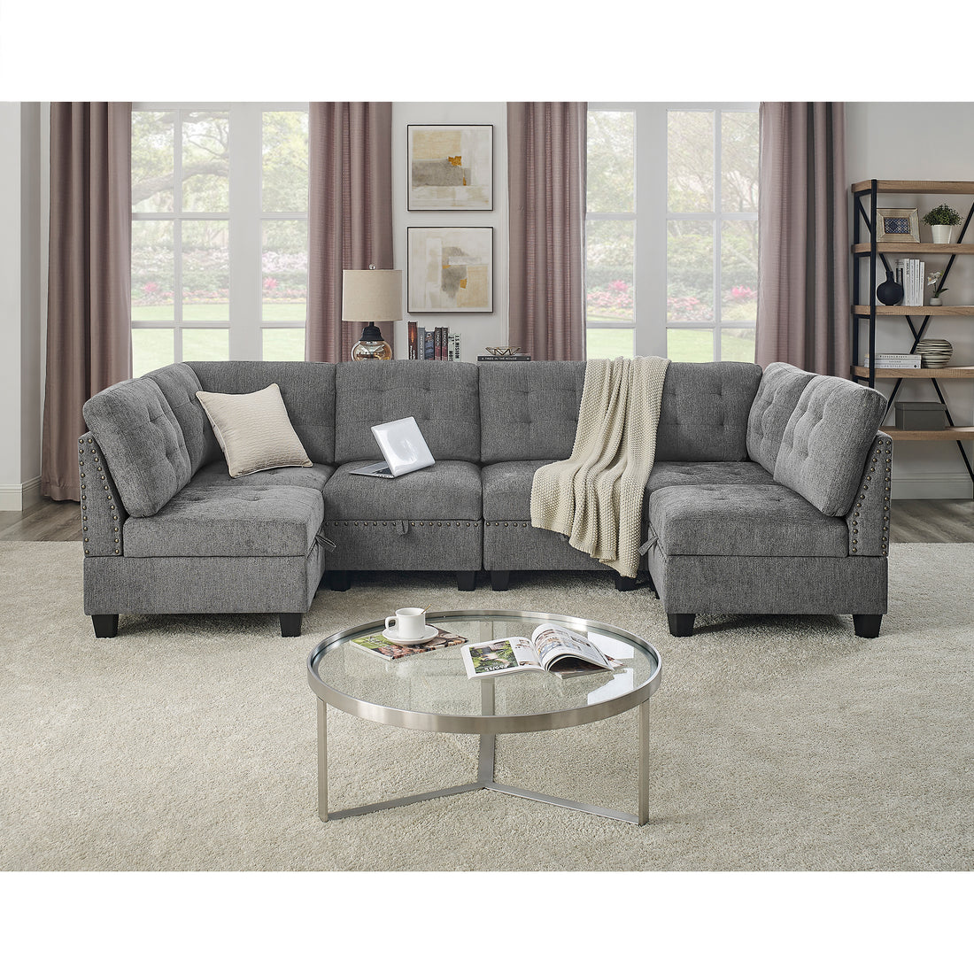 U Shape Modular Sectional Sofa,Diy Combination,Includes Four Single Chair And Two Corner,Grey Chenille Grey Chenille