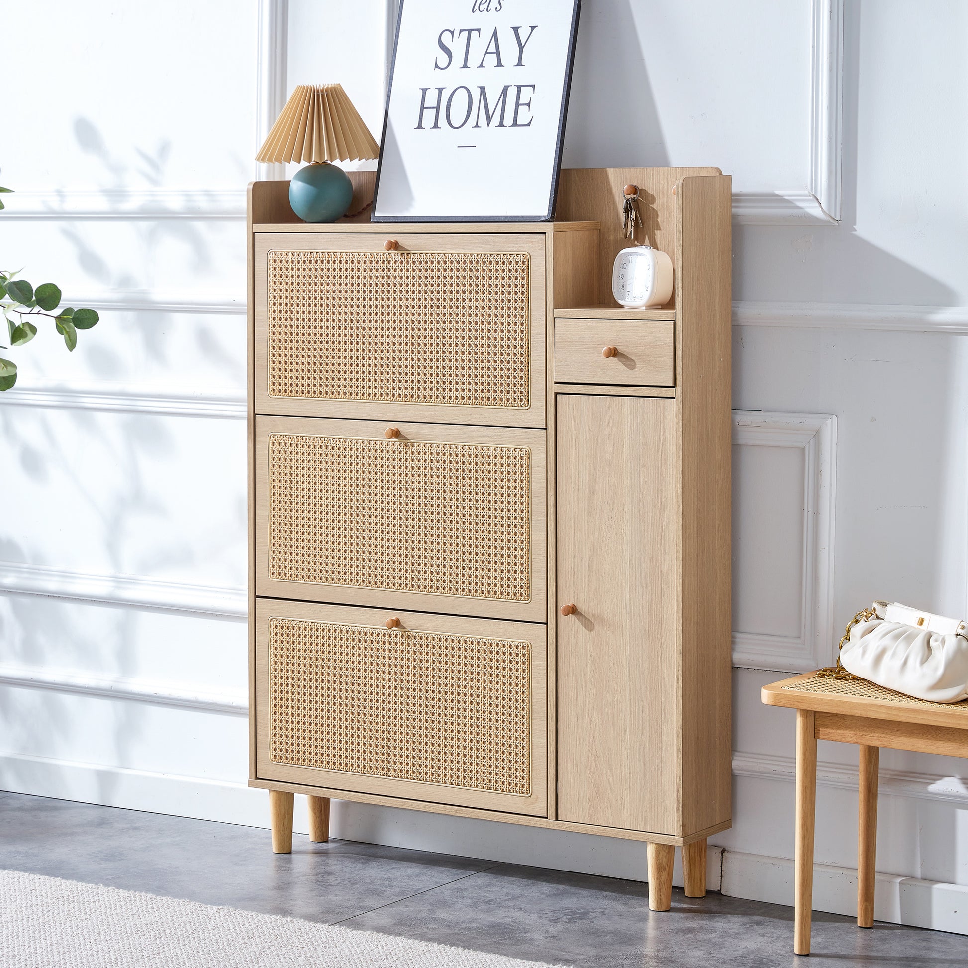 Modern Minimalist Storage Cabinet Mdf Bed Top Cabinet Japanese Rattan Shoe Cabinet, Small Home Furniture. Suitable For Hallways And Living Rooms Natural Mdf