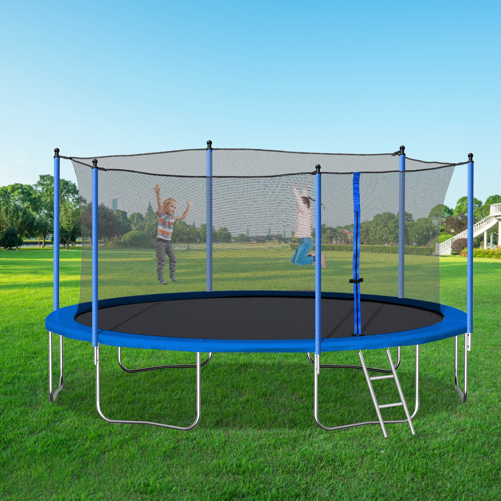 14Ft Trampoline With Safety Enclosure Net,Heavy Duty Jumping Mat And Spring Cover Padding For Kids And Adults, Ladder Blue Foam Iron Plastic