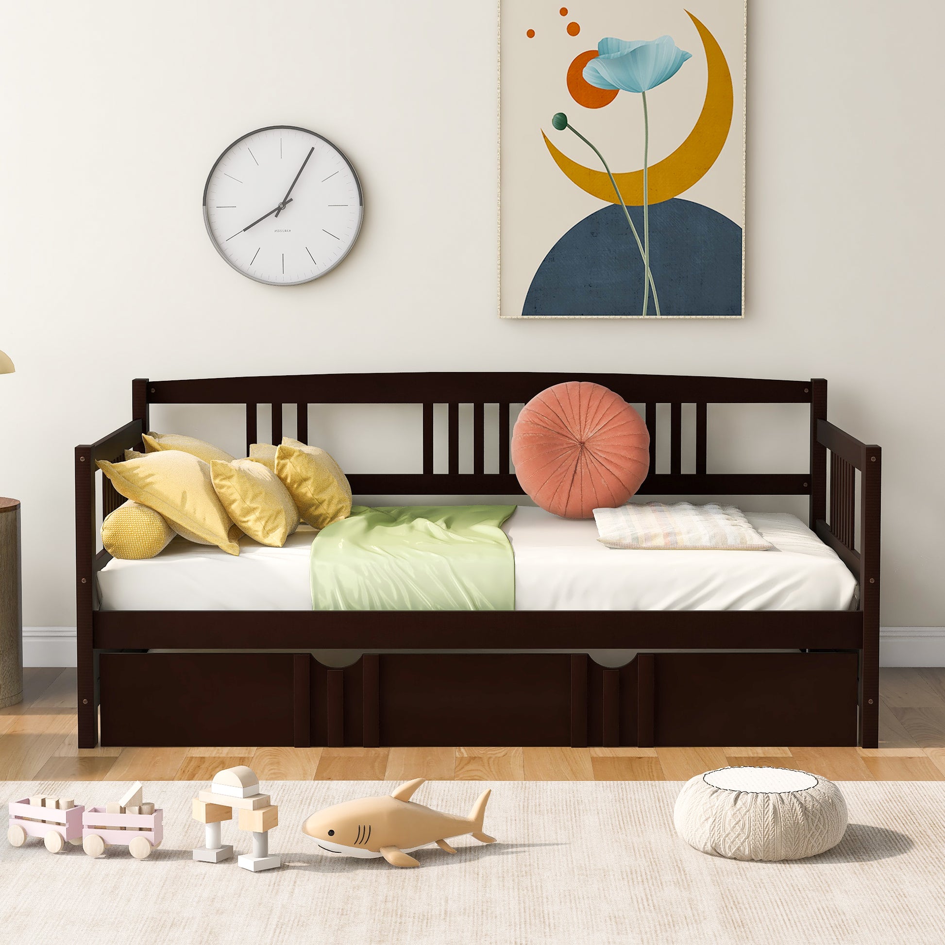 Twin Size Daybed Wood Bed With Twin Size Trundle,Espresso Espresso Solid Wood