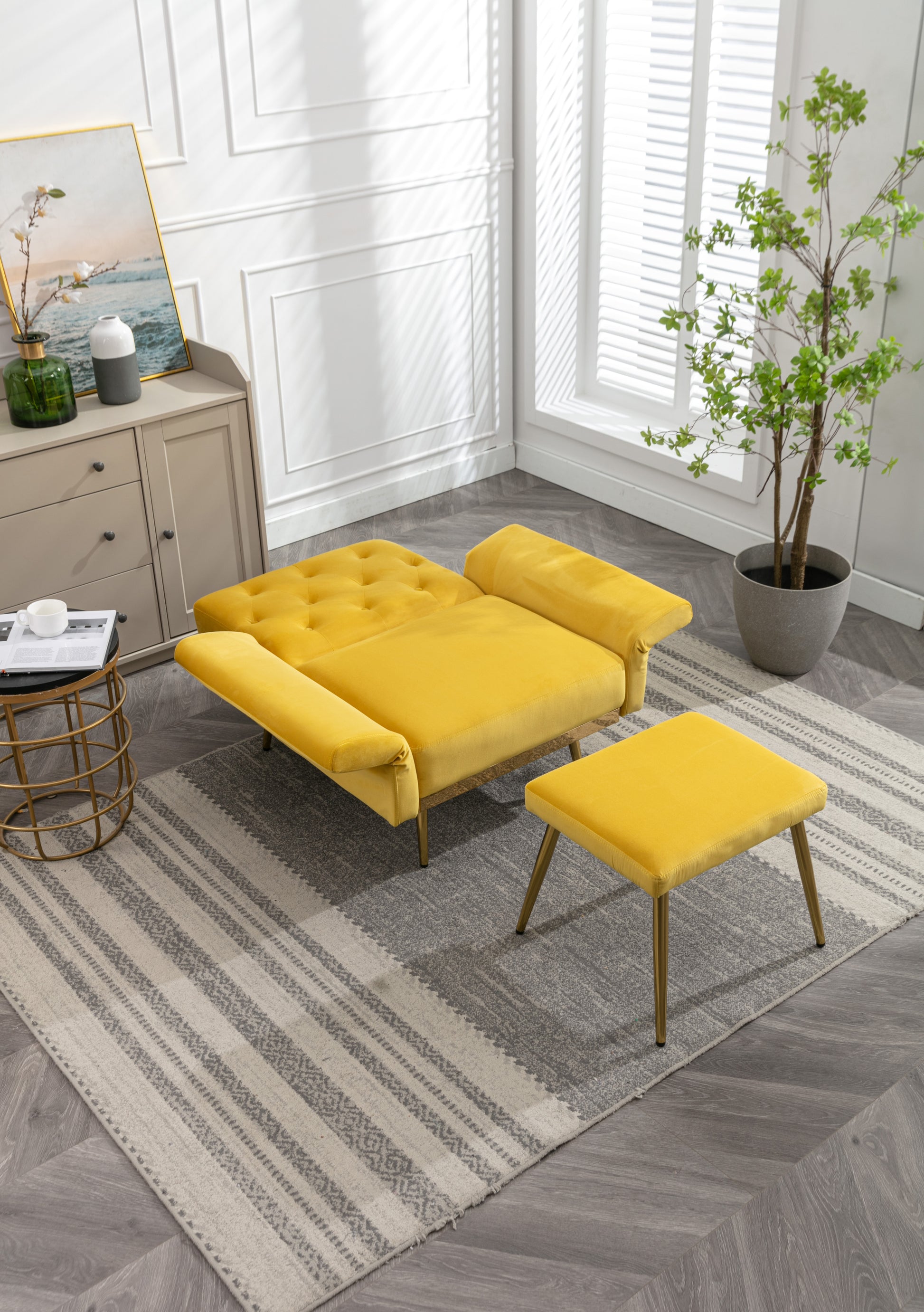 Coolmore Velvet Accent Chair With Adjustable Armrests And Backrest, Button Tufted Lounge Chair, Single Recliner Armchair With Ottoman Mustard Metal