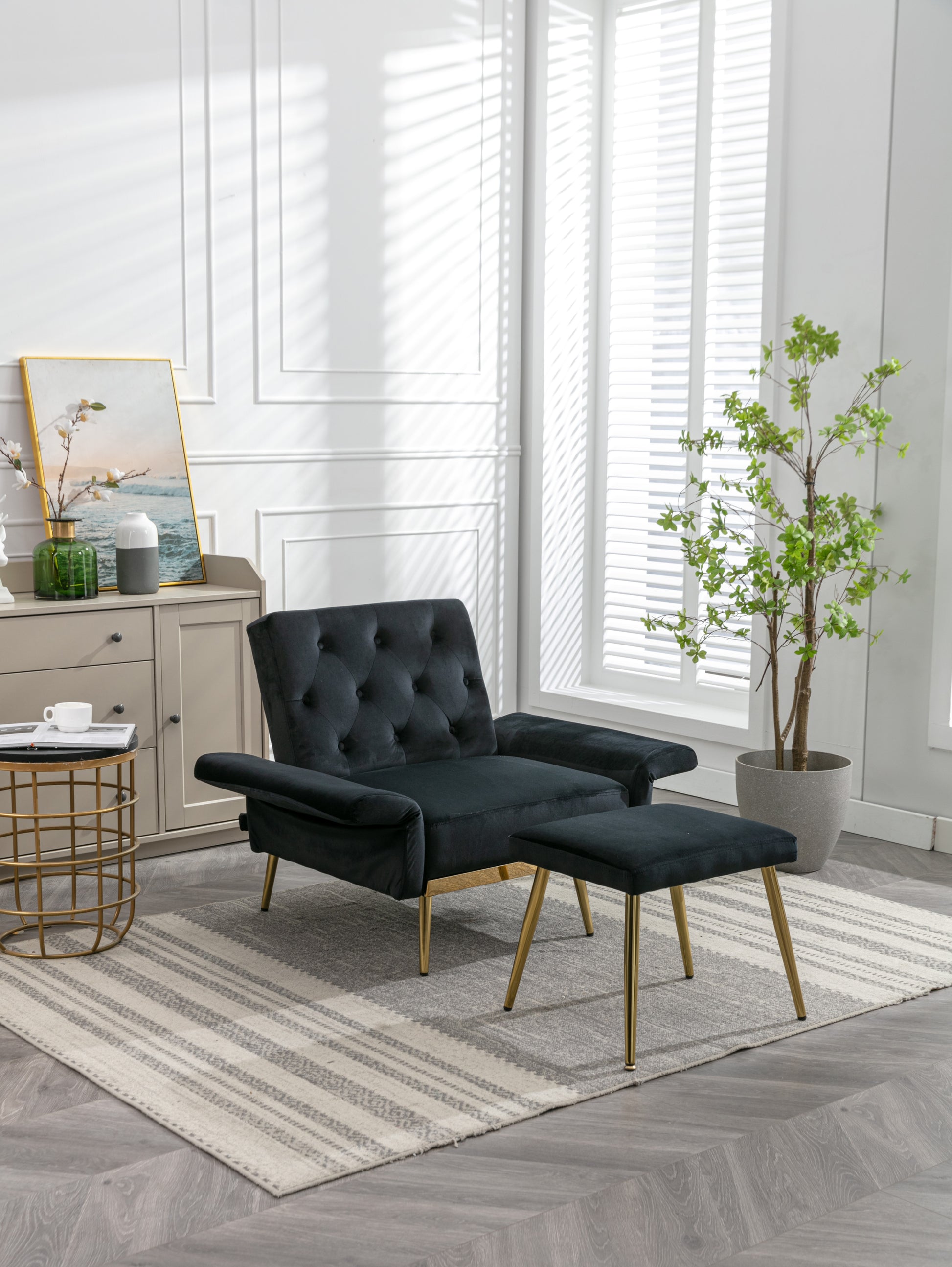 Coolmore Velvet Accent Chair With Adjustable Armrests And Backrest, Button Tufted Lounge Chair, Single Recliner Armchair With Ottoman Black Metal