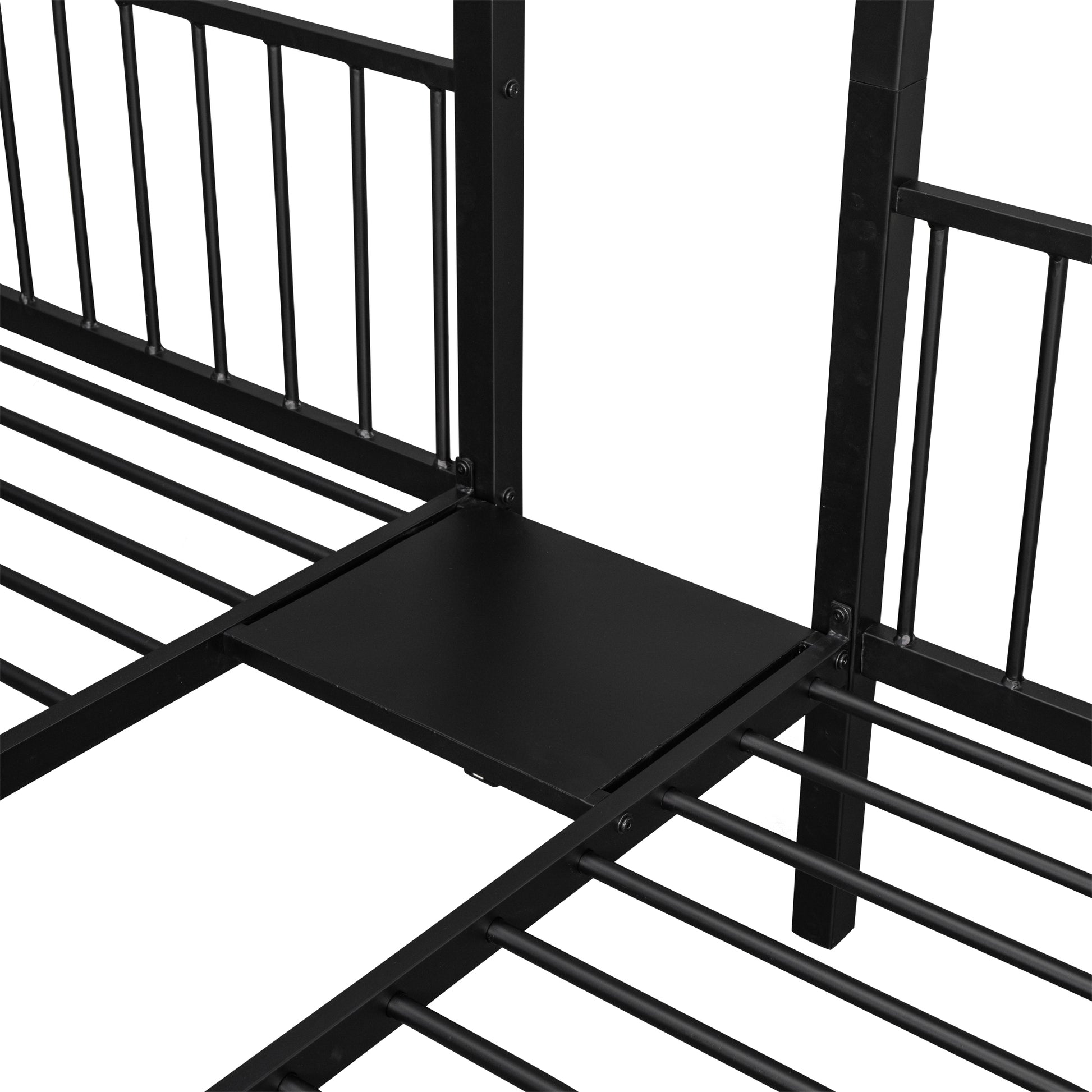 Full Over Twin & Twin Bunk Bed, Metal Triple Bunk Bed With Drawers And Guardrails, Black Black Metal & Wood