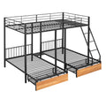 Full Over Twin & Twin Bunk Bed, Metal Triple Bunk Bed With Drawers And Guardrails, Black Black Metal & Wood