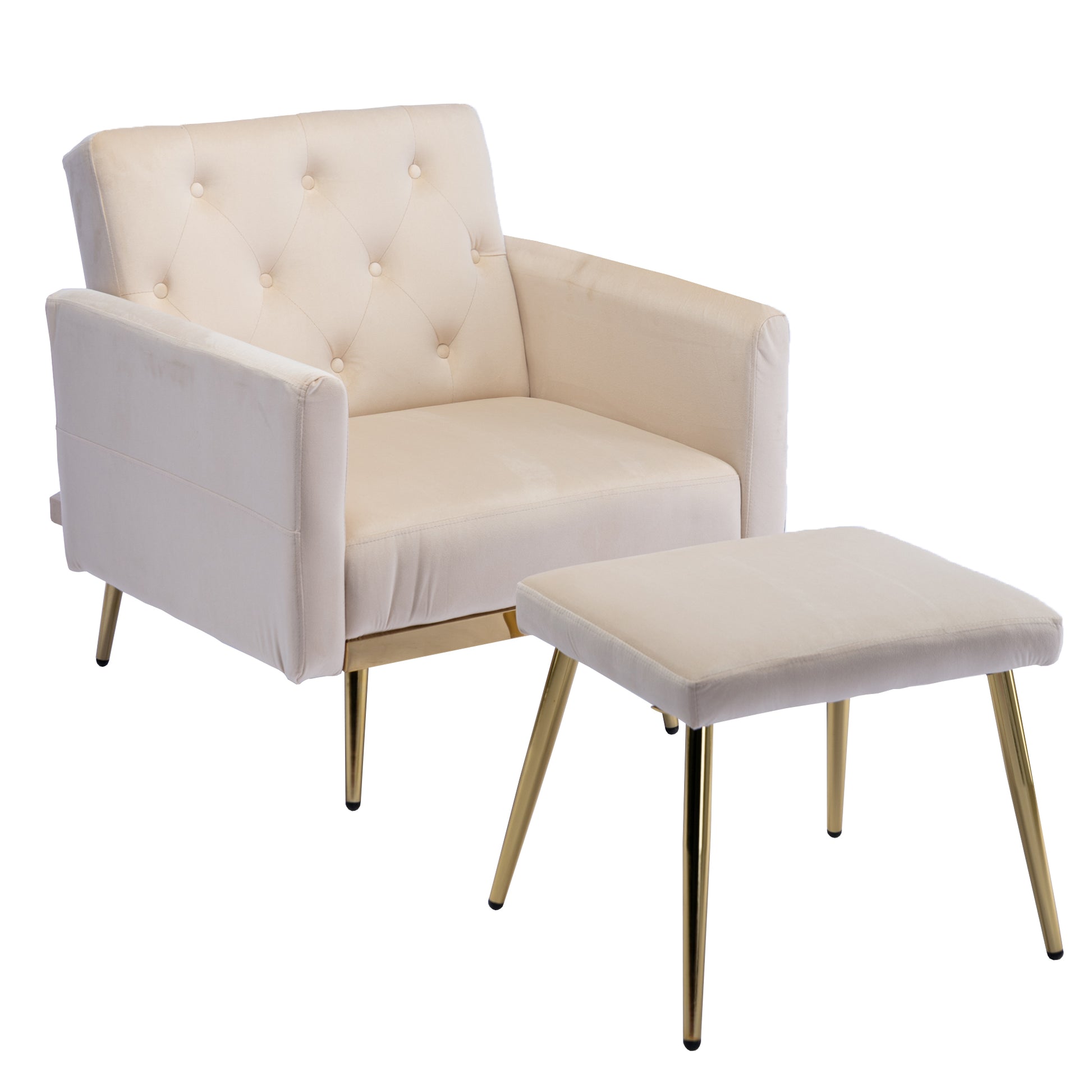 Coolmore Velvet Accent Chair With Adjustable Armrests And Backrest, Button Tufted Lounge Chair, Single Recliner Armchair With Ottoman Beige Metal