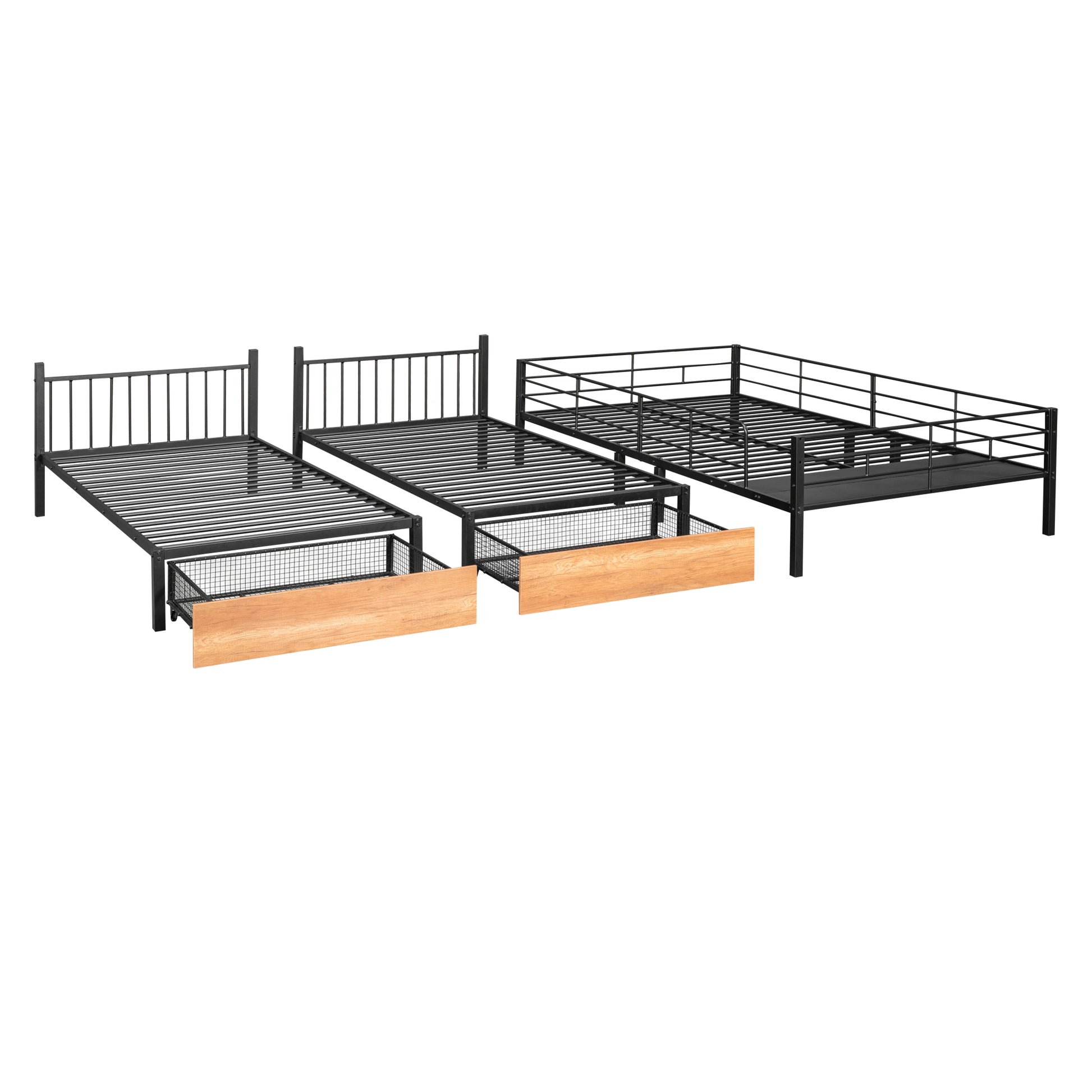 Full Over Twin & Twin Bunk Bed, Metal Triple Bunk Bed With Drawers And Guardrails, Black Black Metal & Wood