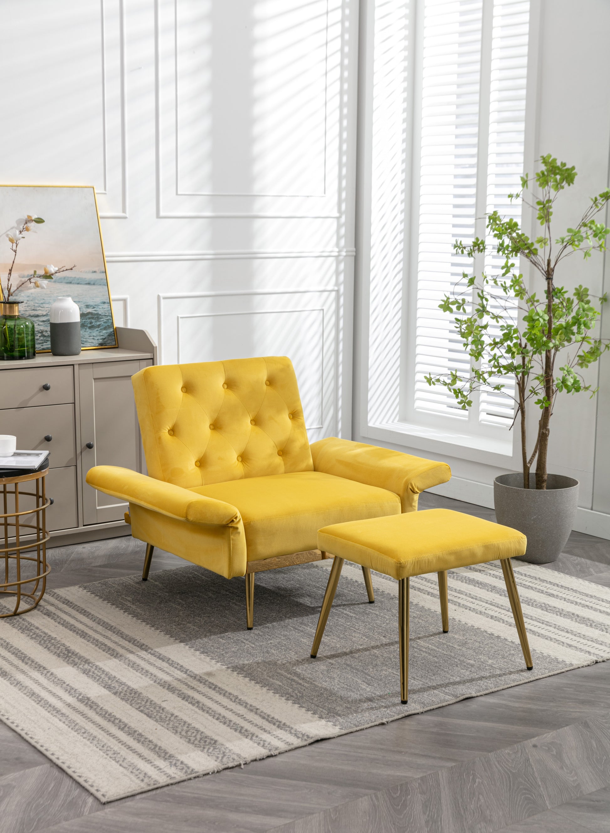 Coolmore Velvet Accent Chair With Adjustable Armrests And Backrest, Button Tufted Lounge Chair, Single Recliner Armchair With Ottoman Mustard Metal