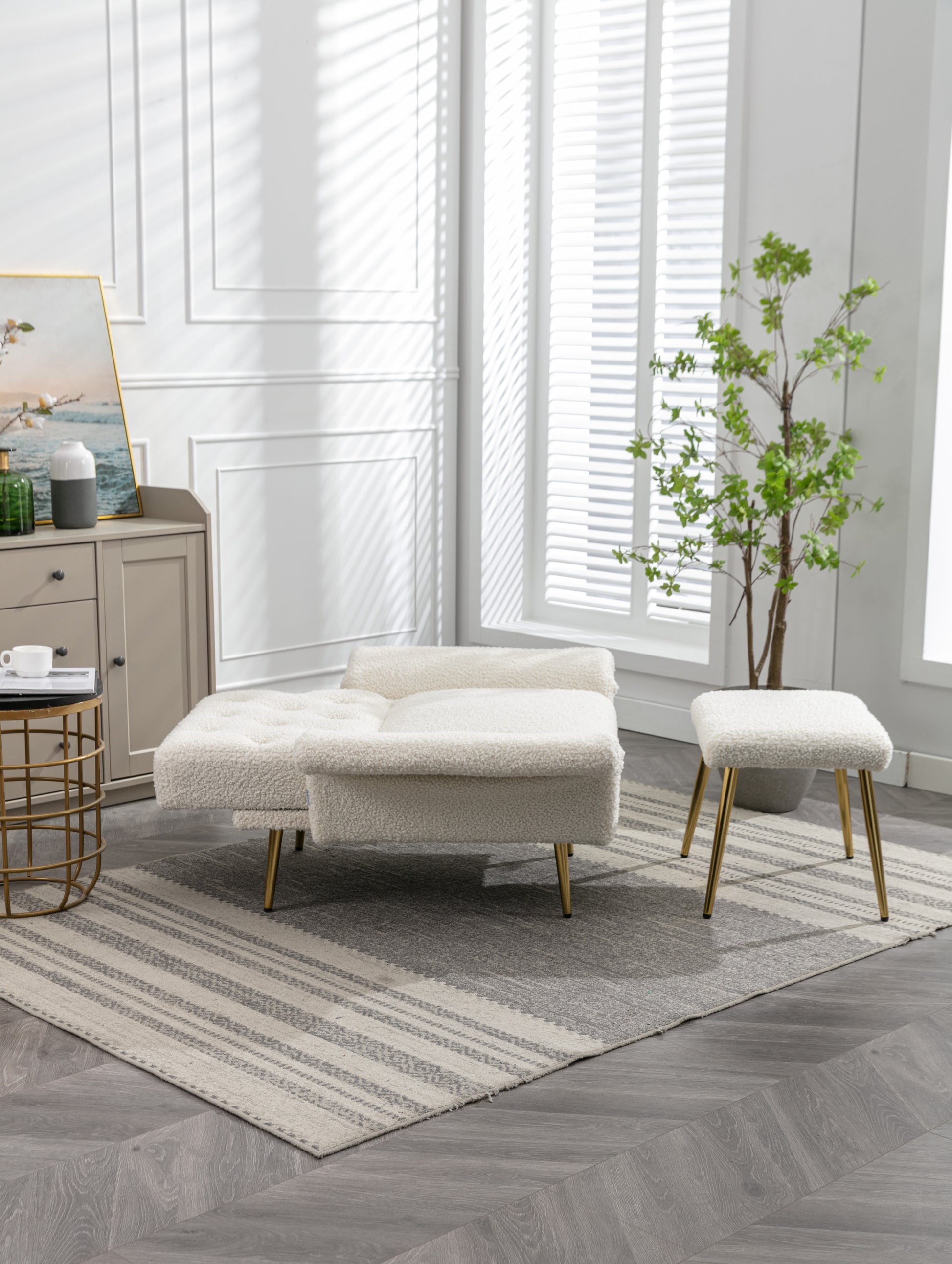 Coolmore Velvet Accent Chair With Adjustable Armrests And Backrest, Button Tufted Lounge Chair, Single Recliner Armchair With Ottoman White Teddy Metal