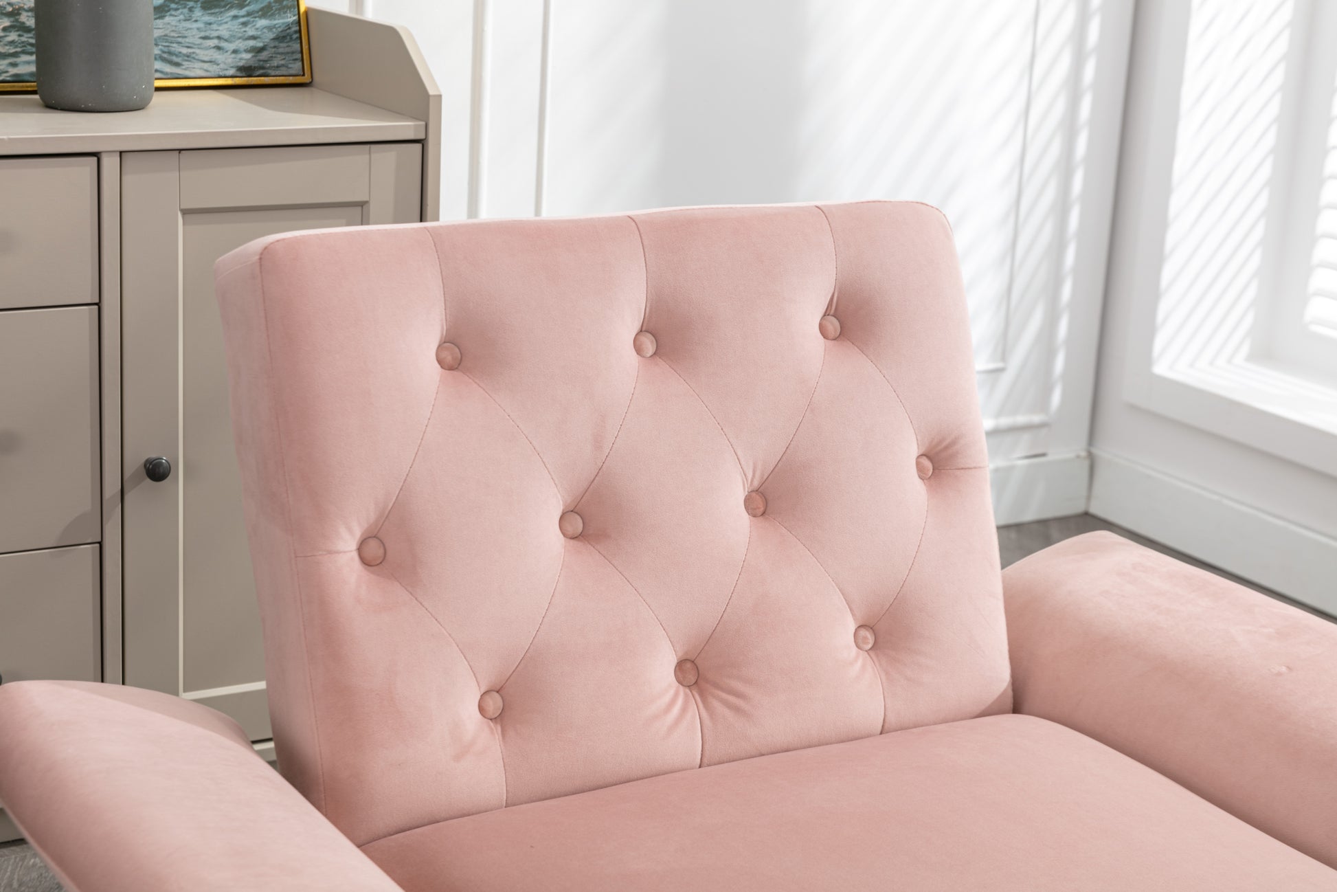 Coolmore Velvet Accent Chair With Adjustable Armrests And Backrest, Button Tufted Lounge Chair, Single Recliner Armchair With Ottoman Pink Metal