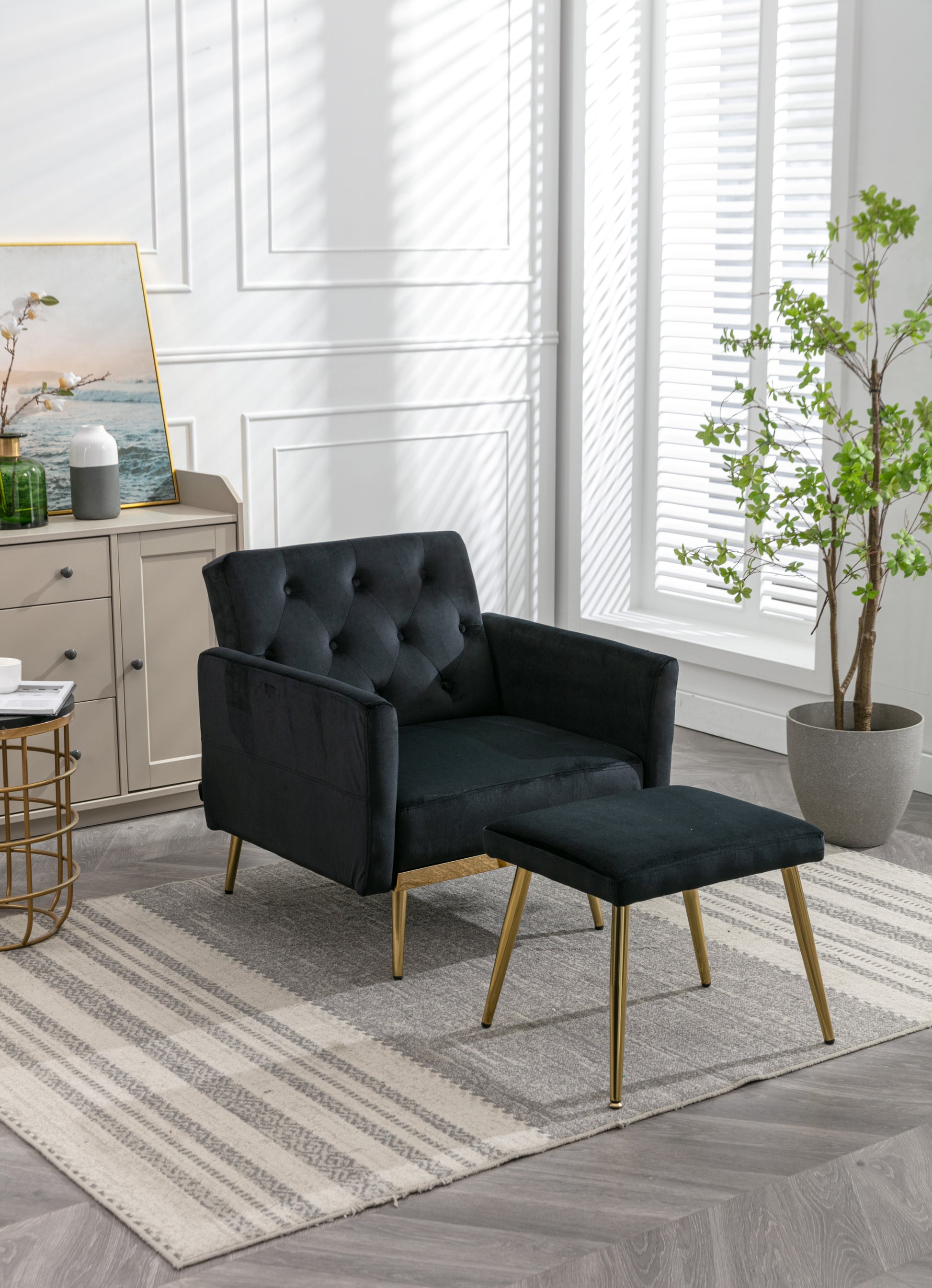 Coolmore Velvet Accent Chair With Adjustable Armrests And Backrest, Button Tufted Lounge Chair, Single Recliner Armchair With Ottoman Black Metal