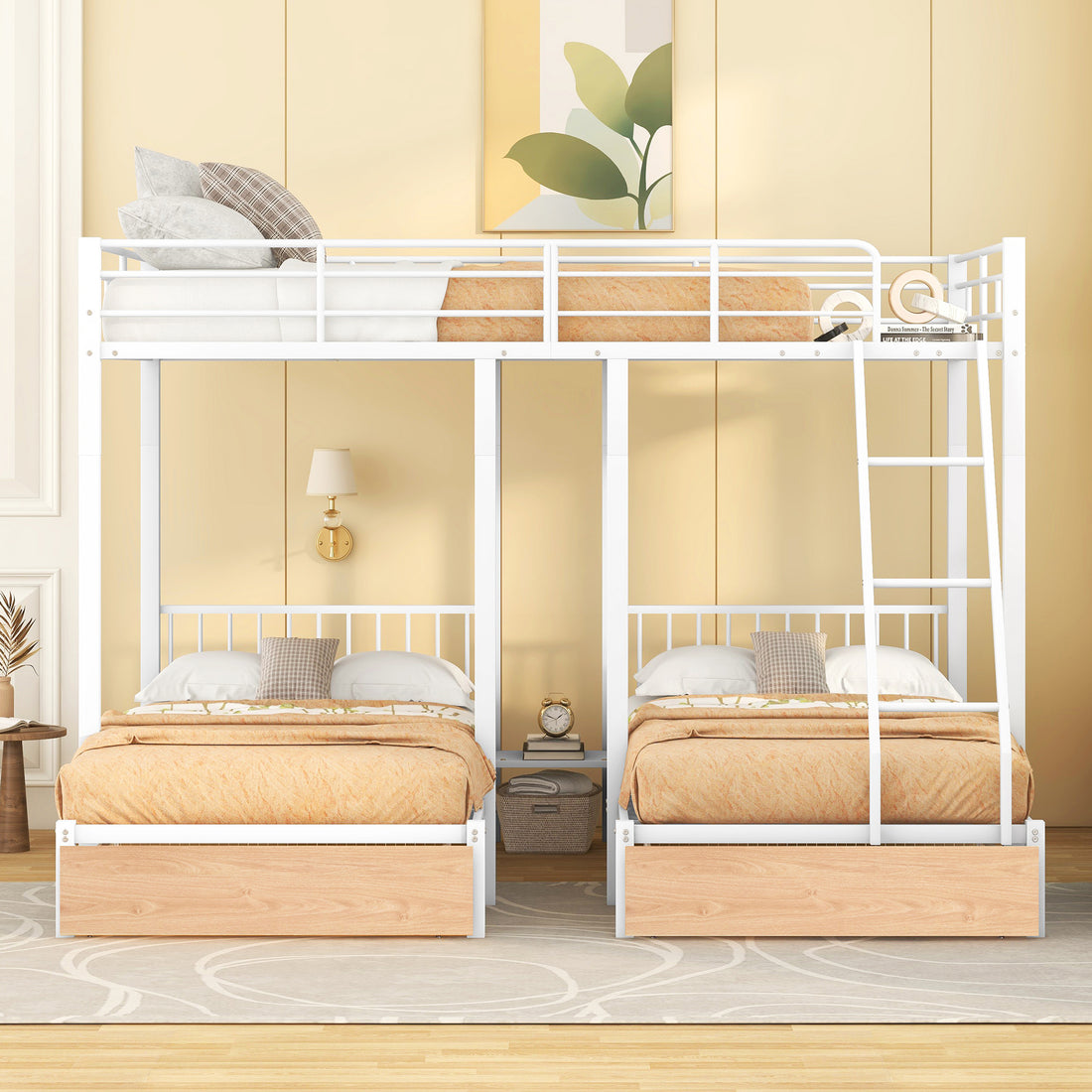 Full Over Twin & Twin Bunk Bed, Metal Triple Bunk Bed With Drawers And Guardrails, White White Metal & Wood