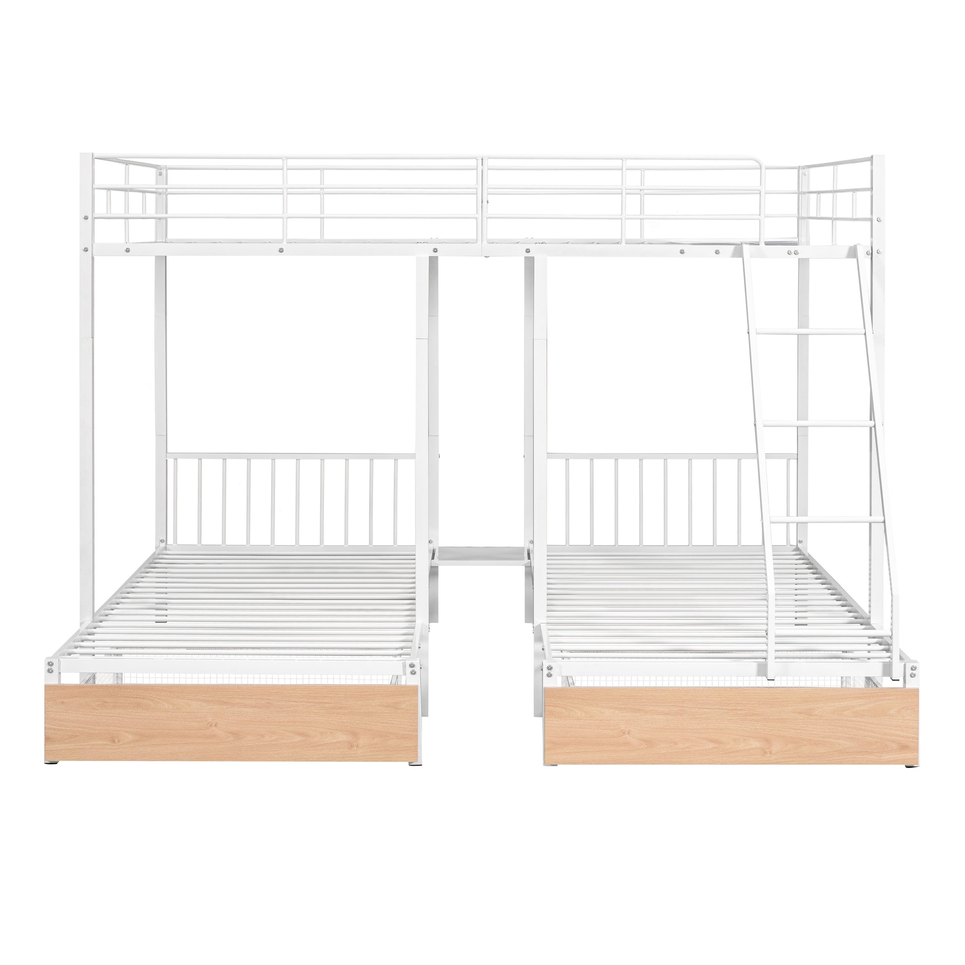 Full Over Twin & Twin Bunk Bed, Metal Triple Bunk Bed With Drawers And Guardrails, White White Metal & Wood