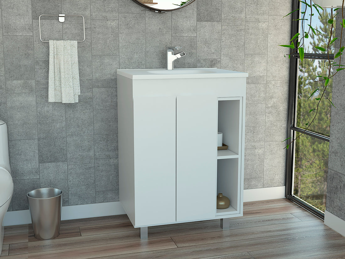 White 2 Shelf Rectangle Freestanding Vanity Cabinet White Particle Board