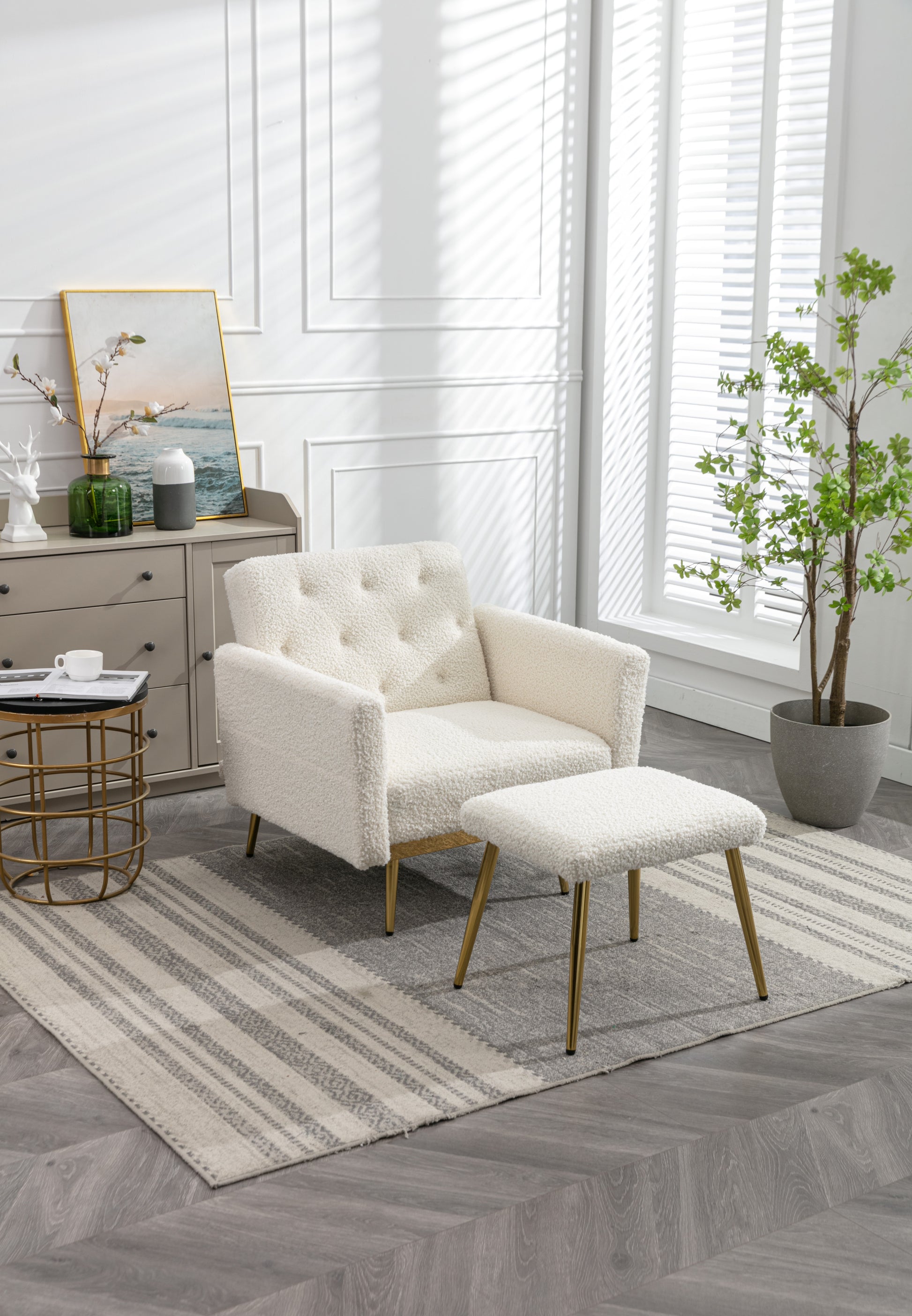 Coolmore Velvet Accent Chair With Adjustable Armrests And Backrest, Button Tufted Lounge Chair, Single Recliner Armchair With Ottoman White Teddy Metal