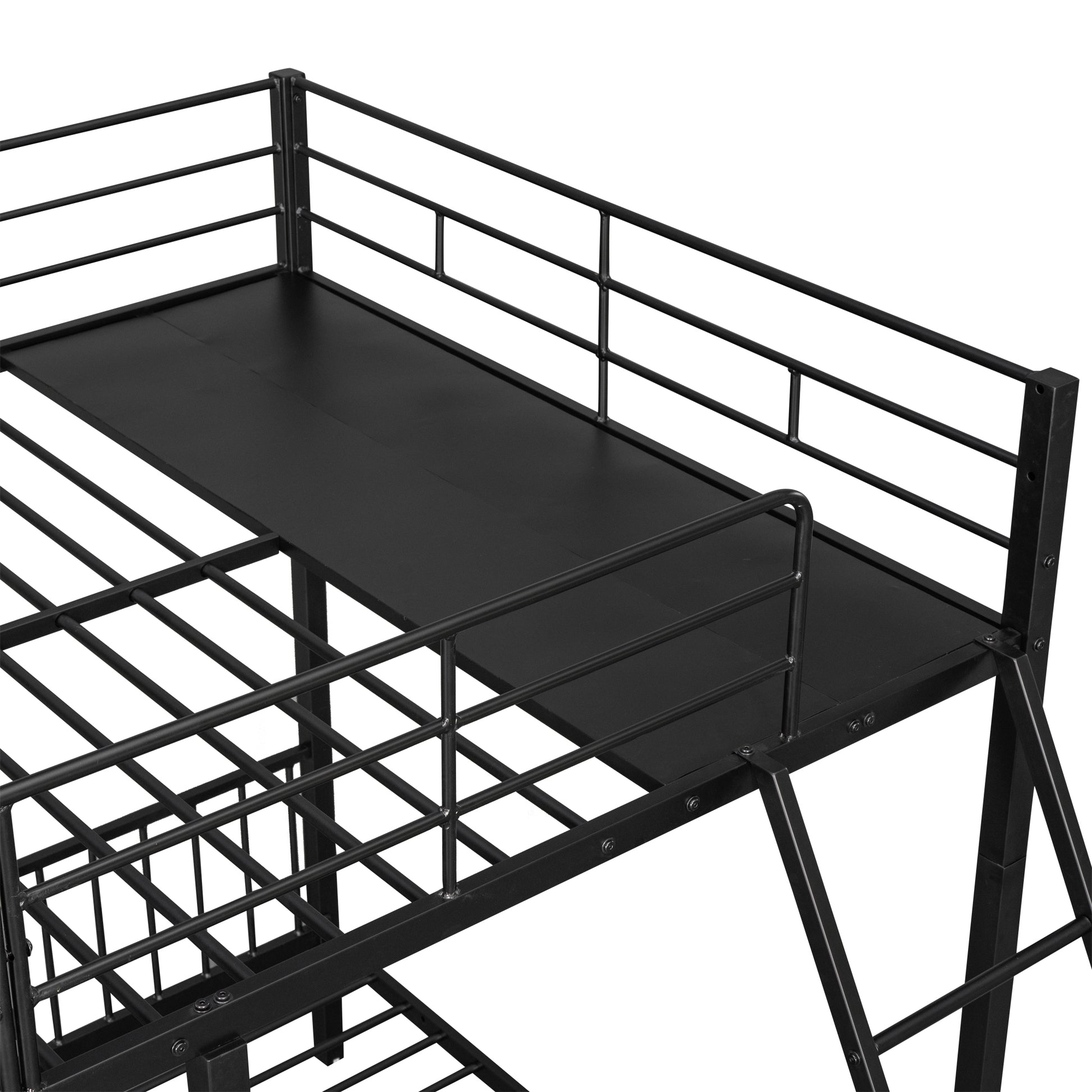 Full Over Twin & Twin Bunk Bed, Metal Triple Bunk Bed With Drawers And Guardrails, Black Black Metal & Wood