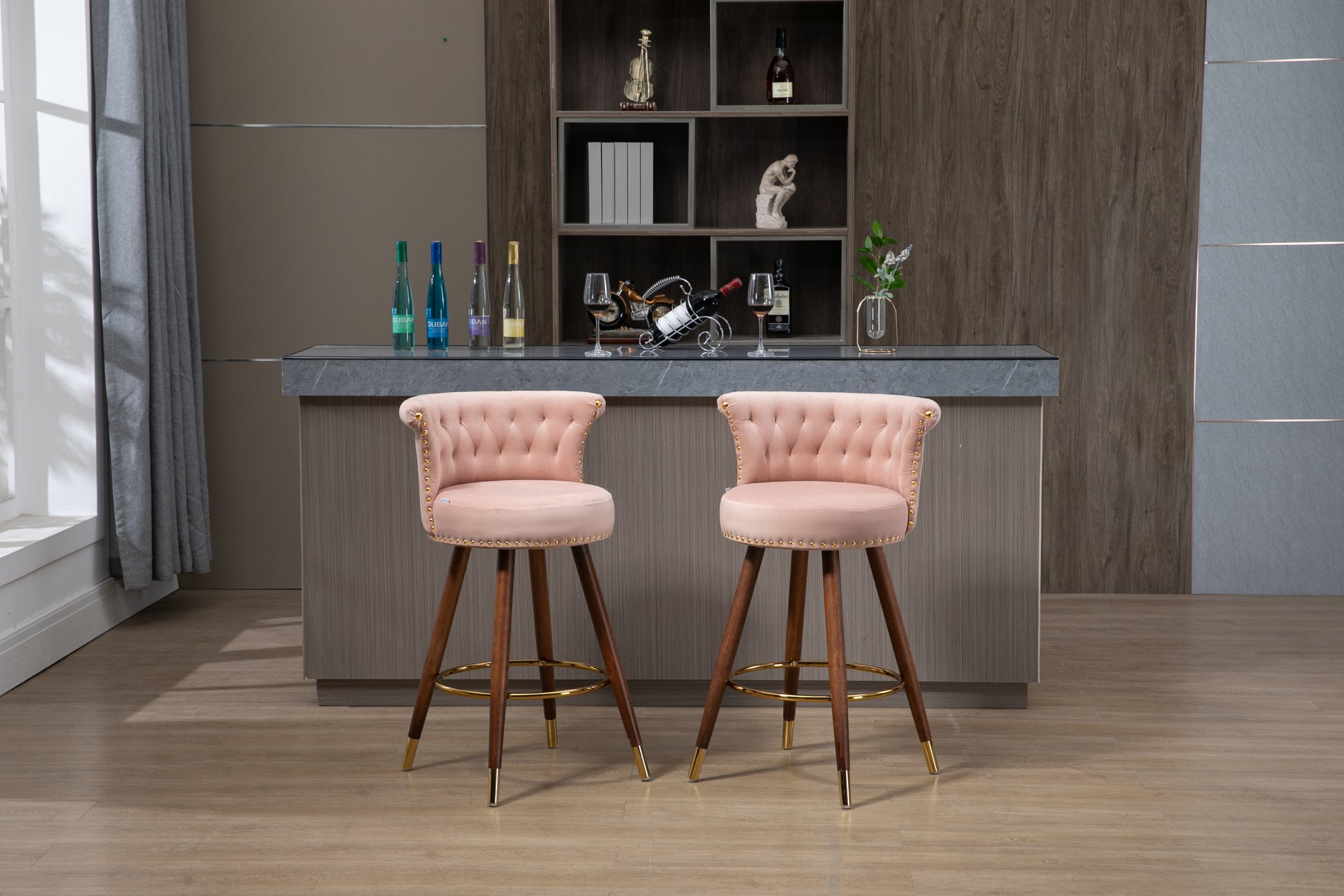 Coolmore Swivel Bar Stools With Backrest Footrest With A Fixed Height Of 360 Degrees Pink Solid Wood