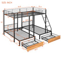 Full Over Twin & Twin Bunk Bed, Metal Triple Bunk Bed With Drawers And Guardrails, Black Black Metal & Wood