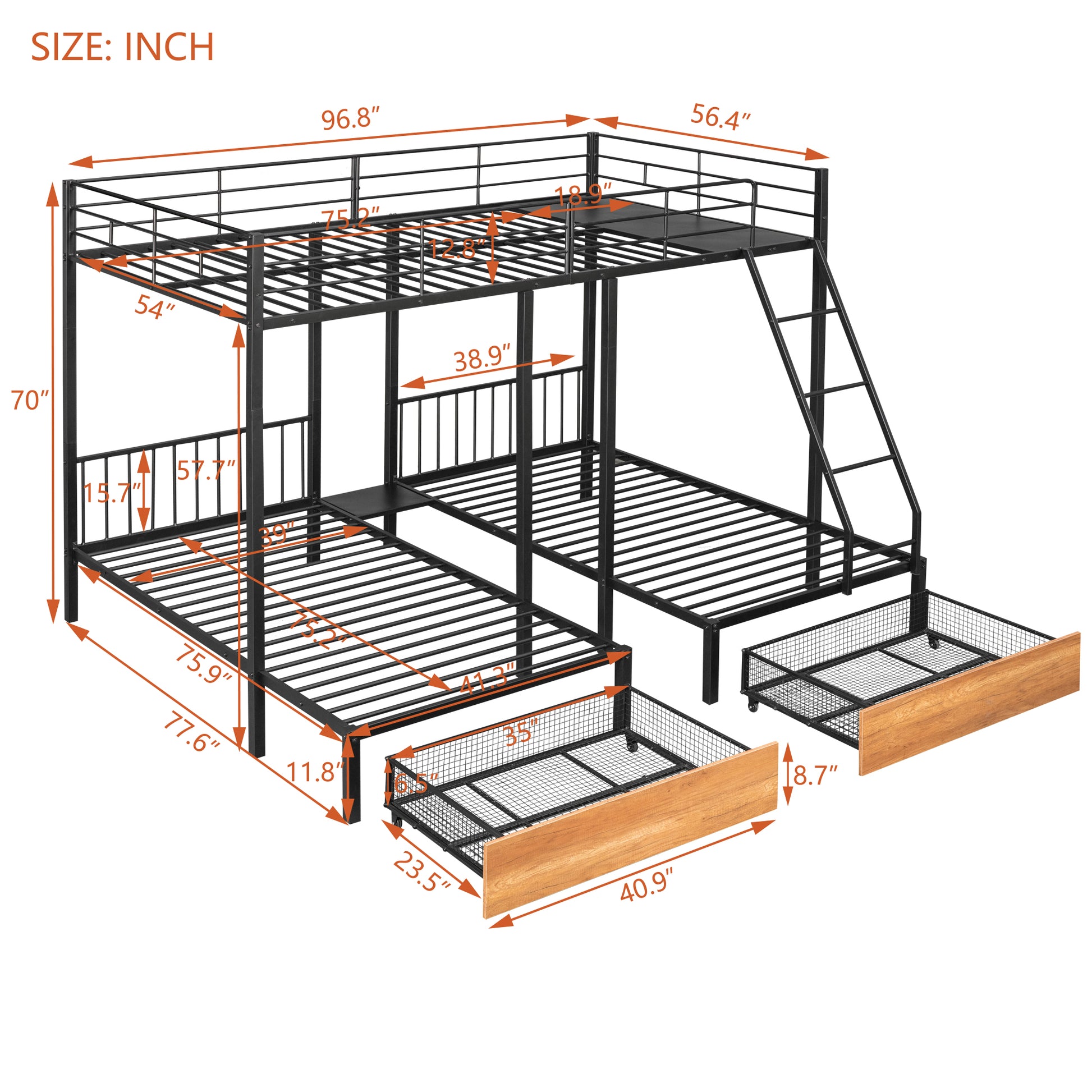 Full Over Twin & Twin Bunk Bed, Metal Triple Bunk Bed With Drawers And Guardrails, Black Black Metal & Wood