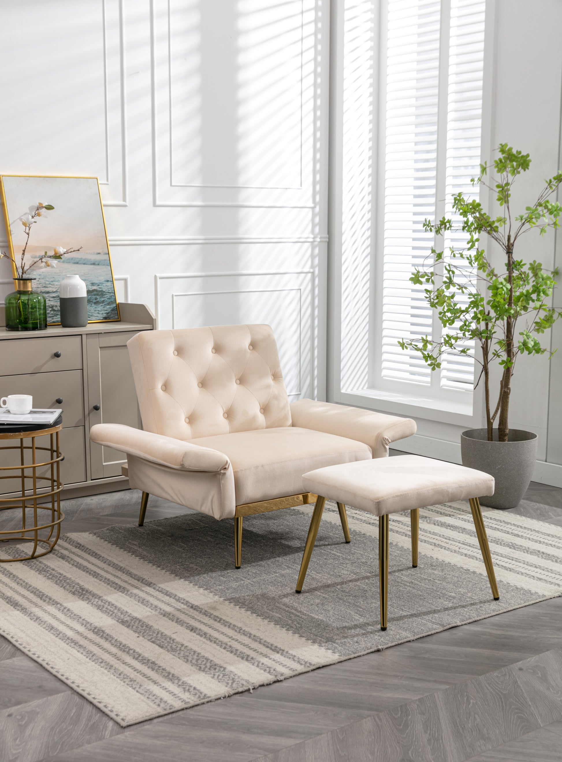 Coolmore Velvet Accent Chair With Adjustable Armrests And Backrest, Button Tufted Lounge Chair, Single Recliner Armchair With Ottoman Beige Metal