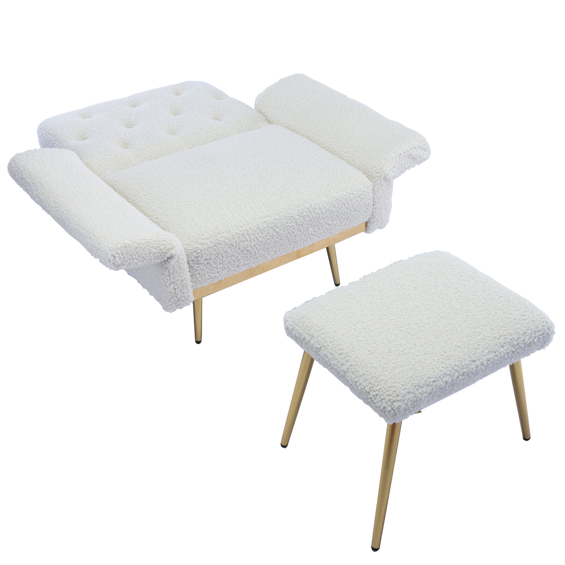 Coolmore Velvet Accent Chair With Adjustable Armrests And Backrest, Button Tufted Lounge Chair, Single Recliner Armchair With Ottoman White Teddy Metal