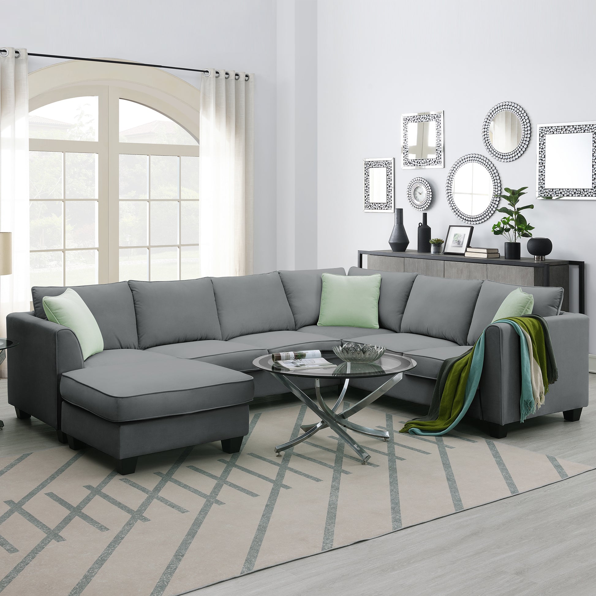 112*87" Sectional Sofa Couches Living Room Sets, 7 Seats Modular Sectional Sofa With Ottoman, L Shape Fabric Sofa Corner Couch Set With 3 Pillows, Grey Of Gs008210Aag Grey Fabric 8 Seat