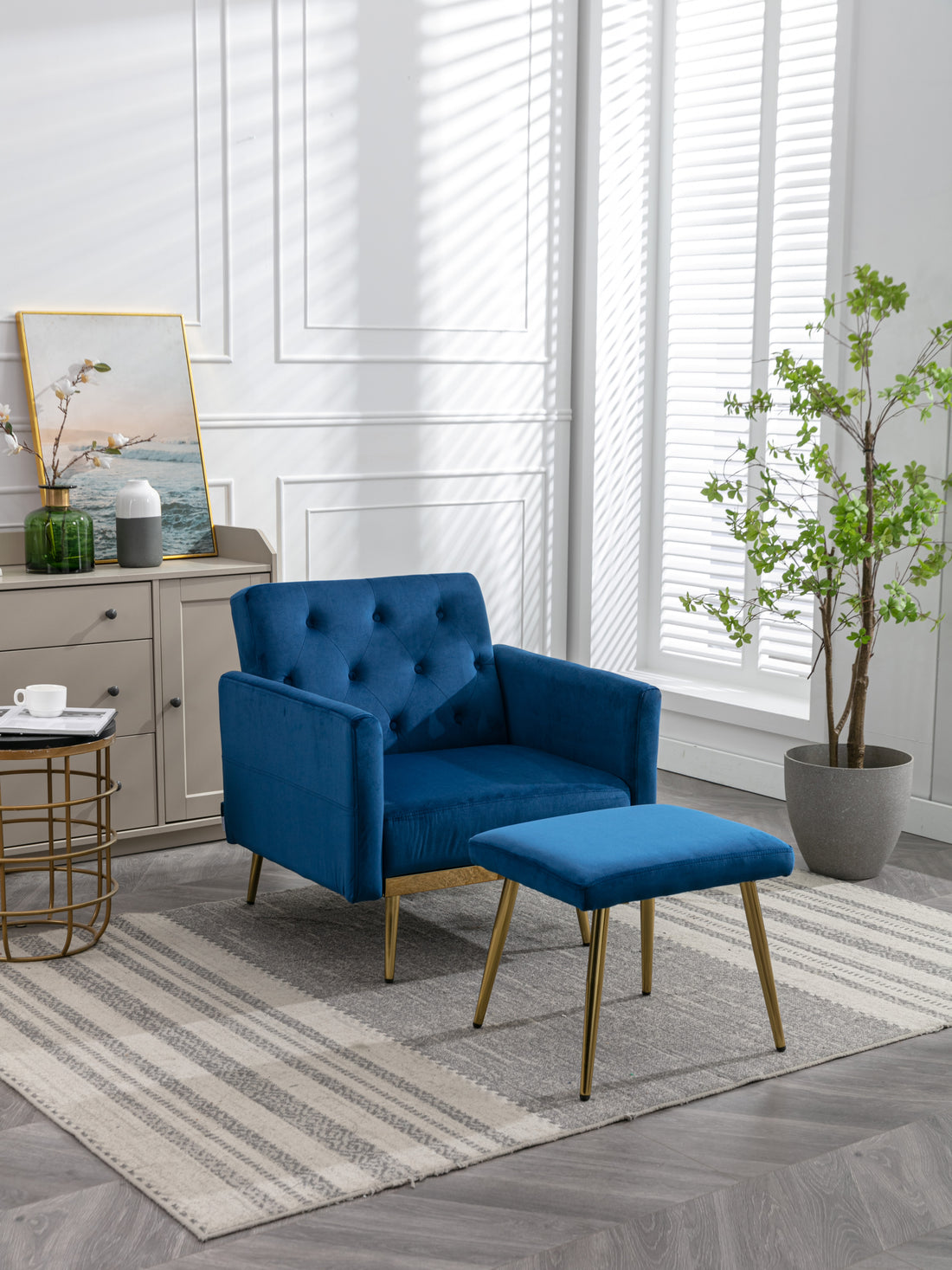 Coolmore Velvet Accent Chair With Adjustable Armrests And Backrest, Button Tufted Lounge Chair, Single Recliner Armchair With Ottoman Navy Metal