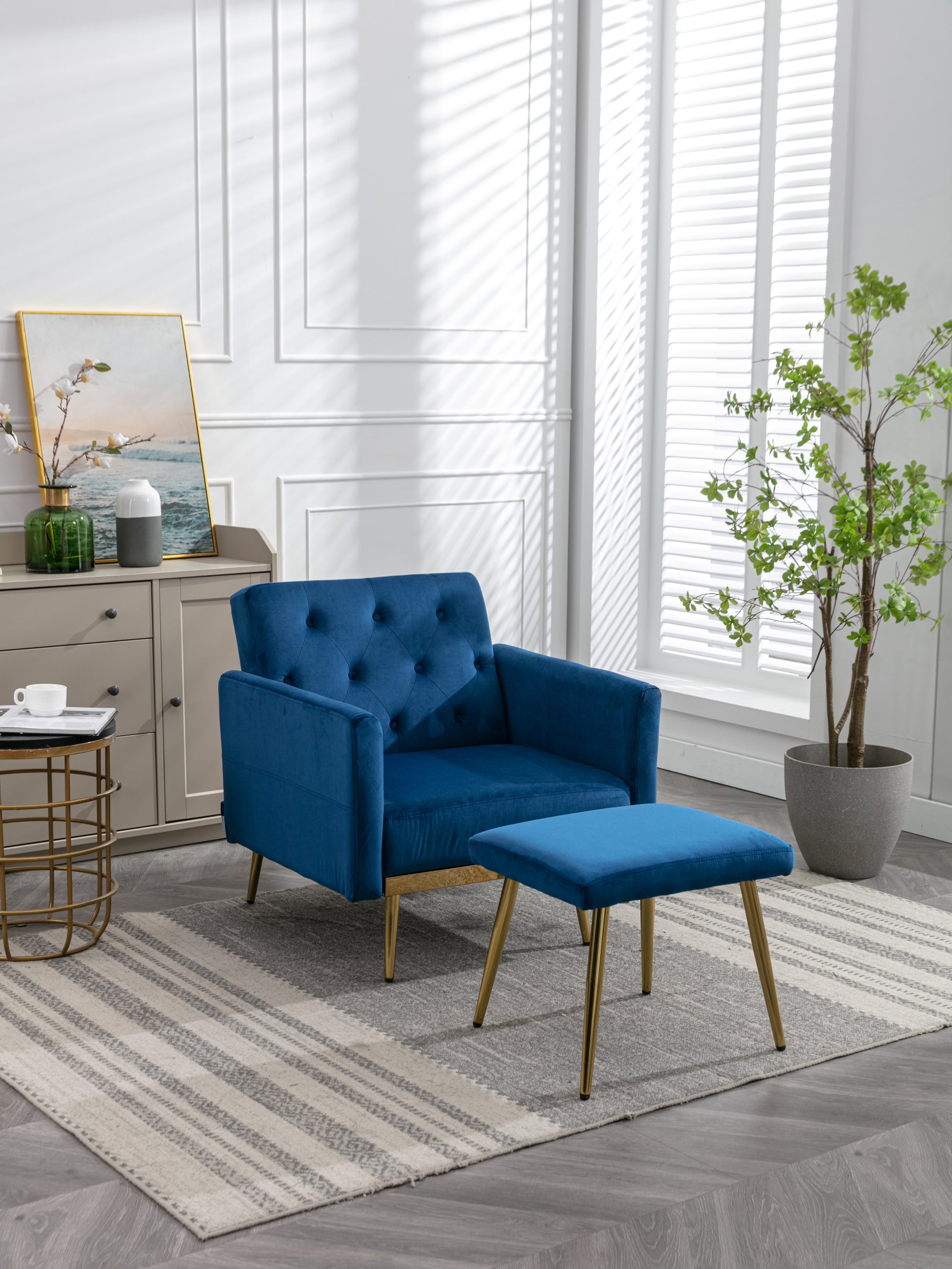 Coolmore Velvet Accent Chair With Adjustable Armrests And Backrest, Button Tufted Lounge Chair, Single Recliner Armchair With Ottoman Navy Metal