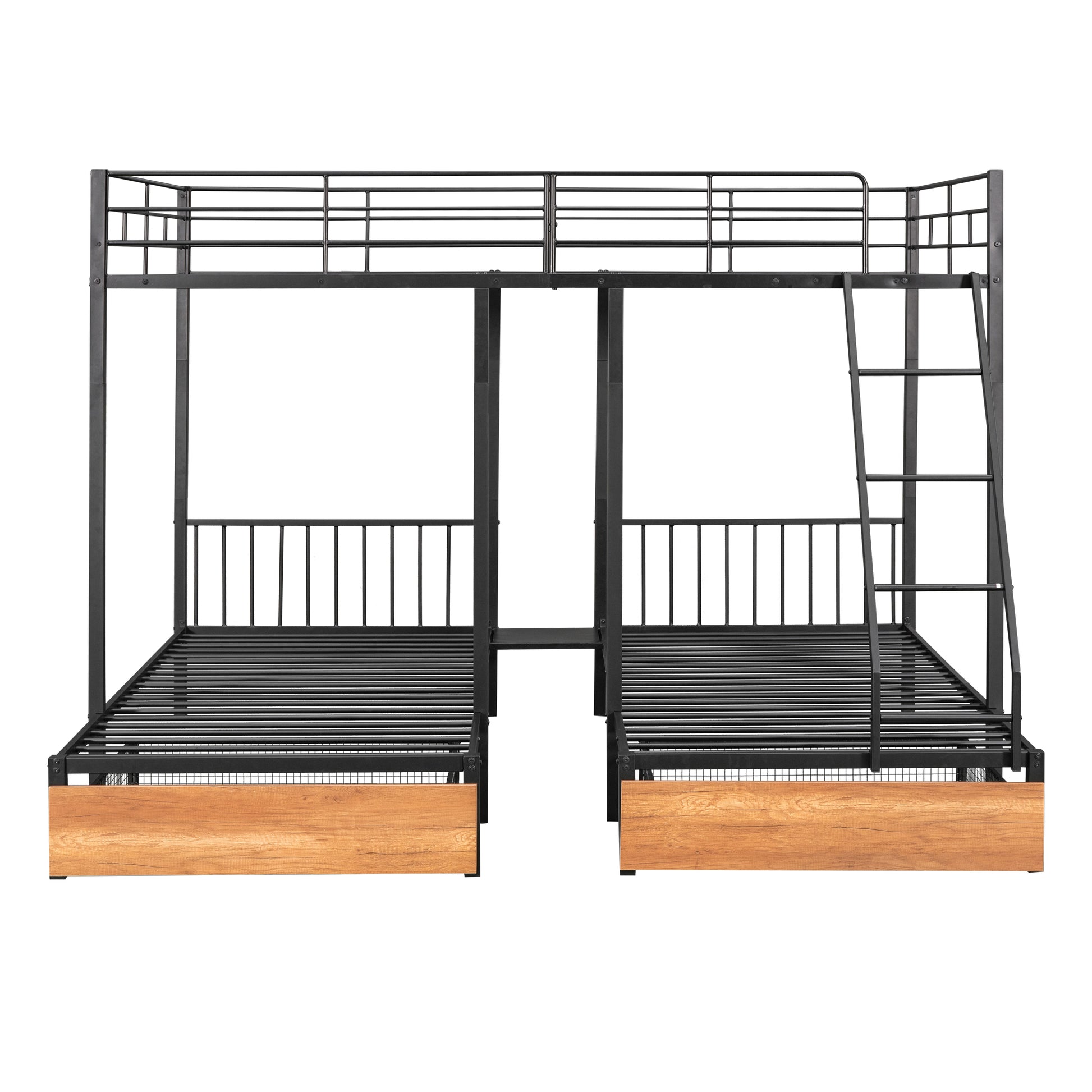 Full Over Twin & Twin Bunk Bed, Metal Triple Bunk Bed With Drawers And Guardrails, Black Black Metal & Wood