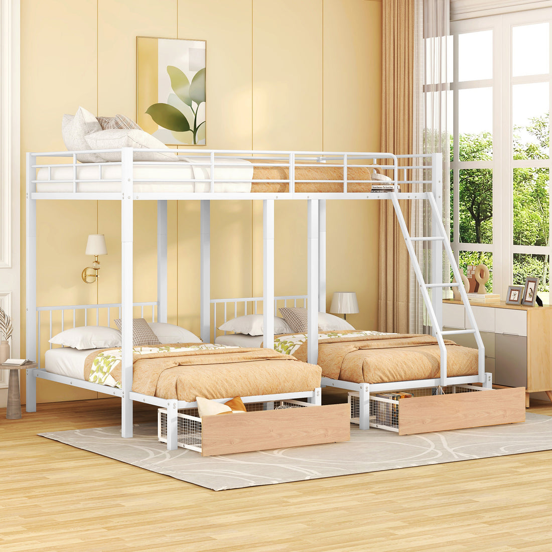 Full Over Twin & Twin Bunk Bed, Metal Triple Bunk Bed With Drawers And Guardrails, White White Metal & Wood