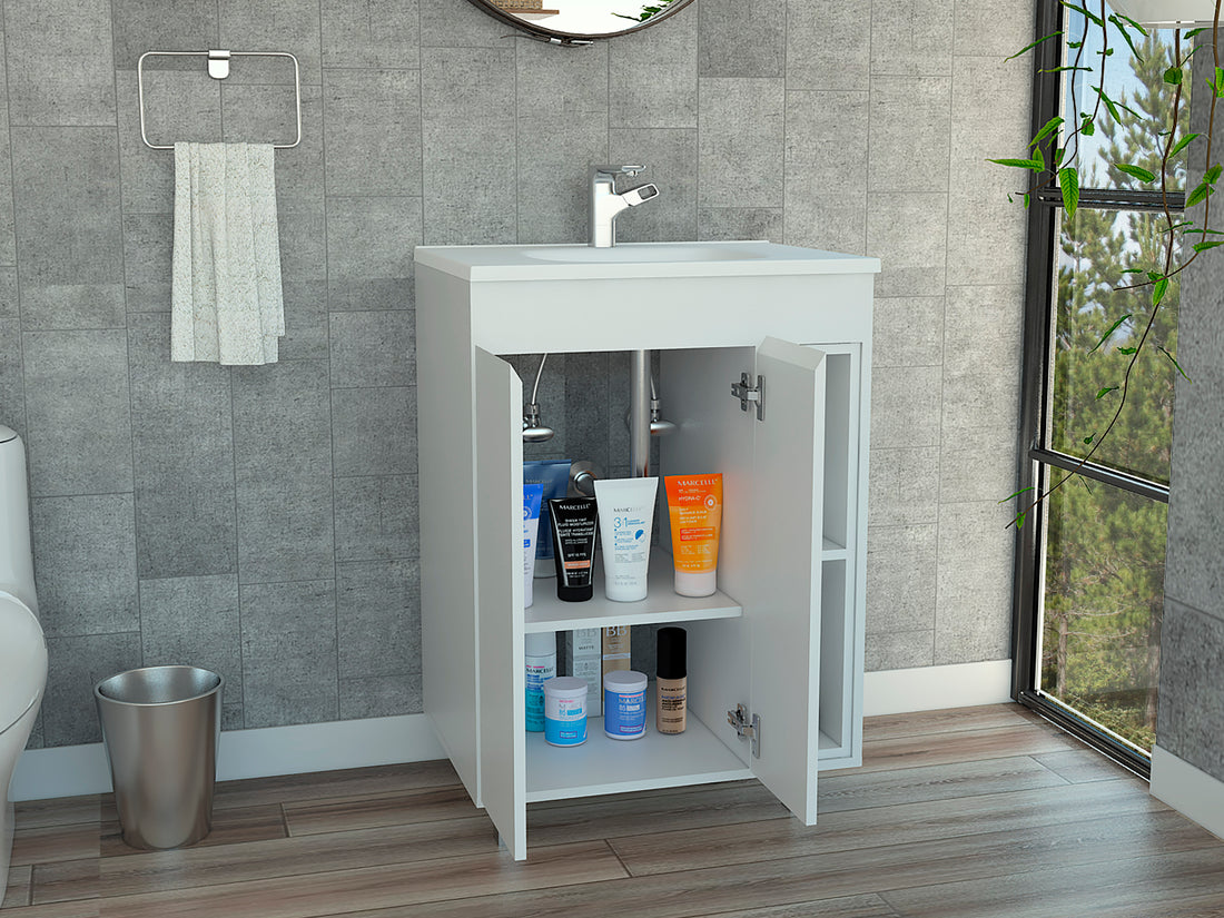White 2 Shelf Rectangle Freestanding Vanity Cabinet White Particle Board