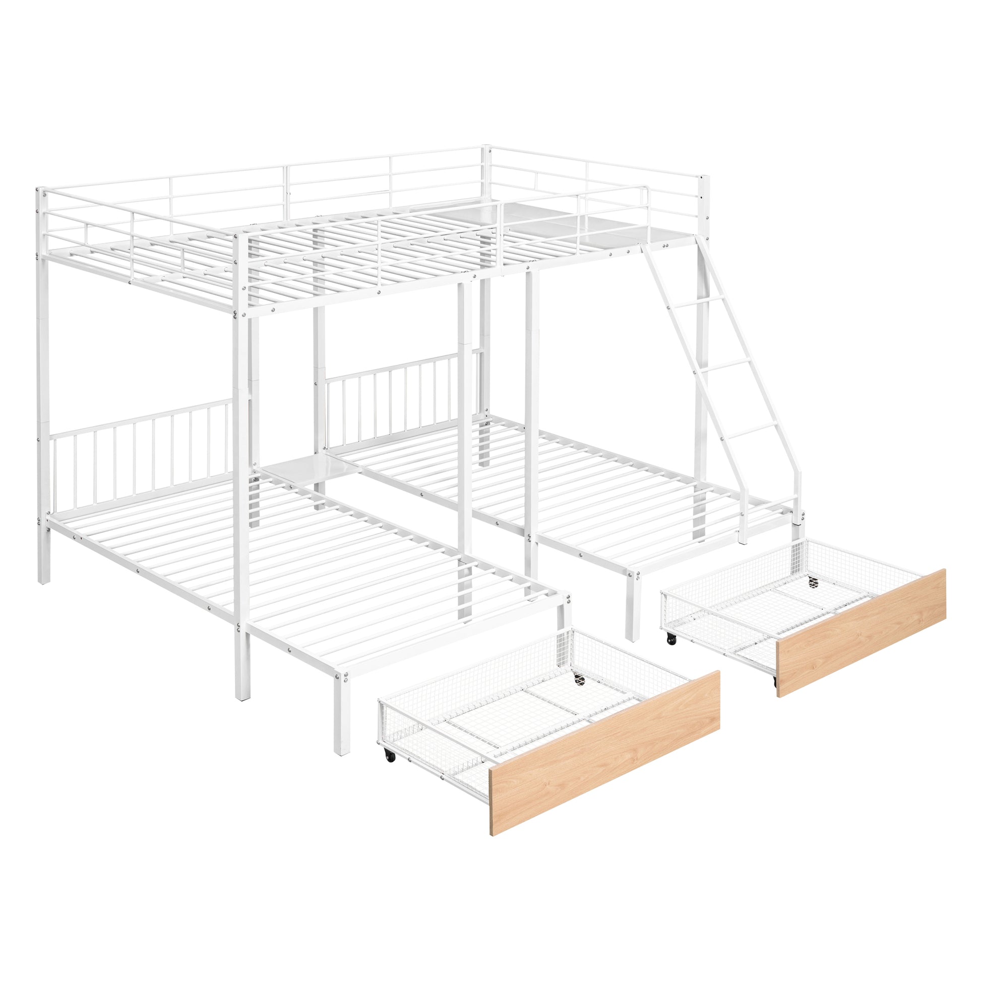 Full Over Twin & Twin Bunk Bed, Metal Triple Bunk Bed With Drawers And Guardrails, White White Metal & Wood