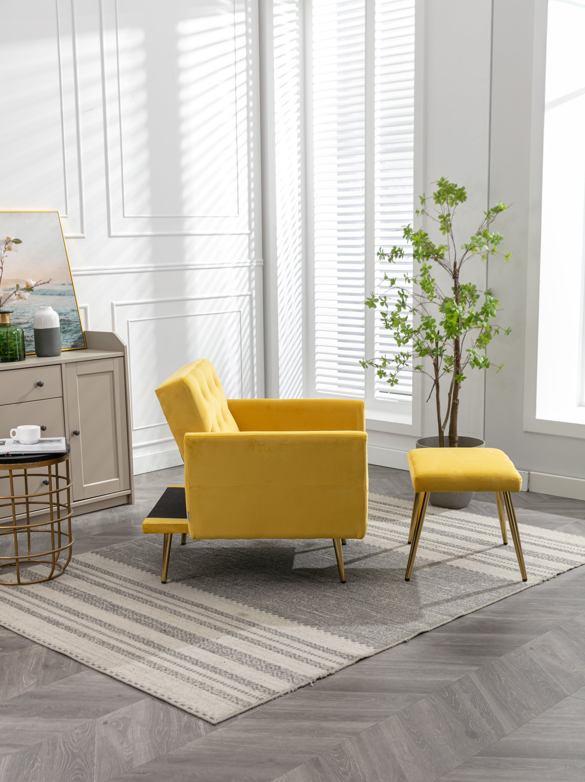 Coolmore Velvet Accent Chair With Adjustable Armrests And Backrest, Button Tufted Lounge Chair, Single Recliner Armchair With Ottoman Mustard Metal