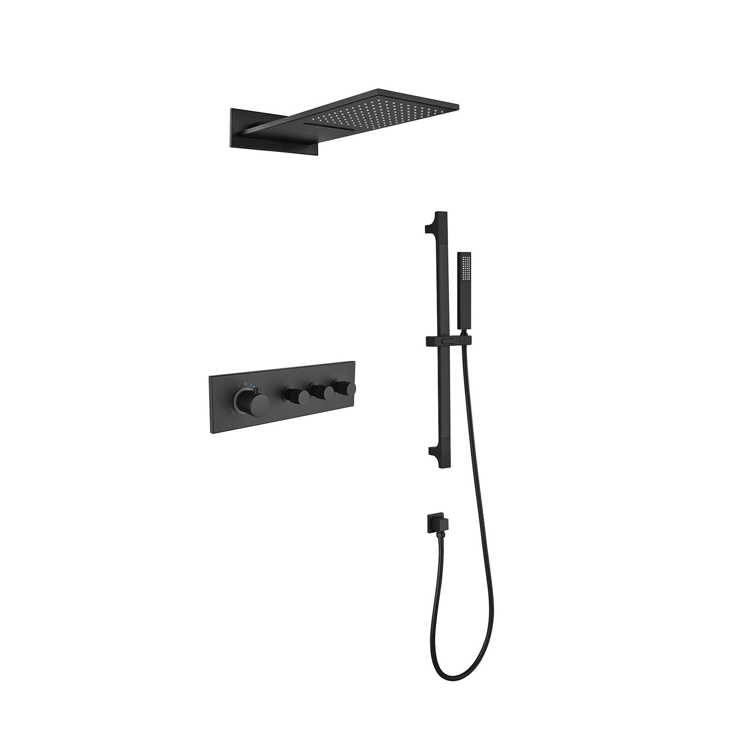 Shower System Square Bathroom Luxury Rain Mixer Shower Combo Set Pressure Balanced Shower System With Shower Head, Hand Shower, Slide Bar, Shower Arm, Hose, And Valve Trim Matte Black Brass