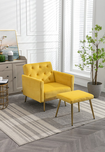 Coolmore Velvet Accent Chair With Adjustable Armrests And Backrest, Button Tufted Lounge Chair, Single Recliner Armchair With Ottoman Mustard Metal