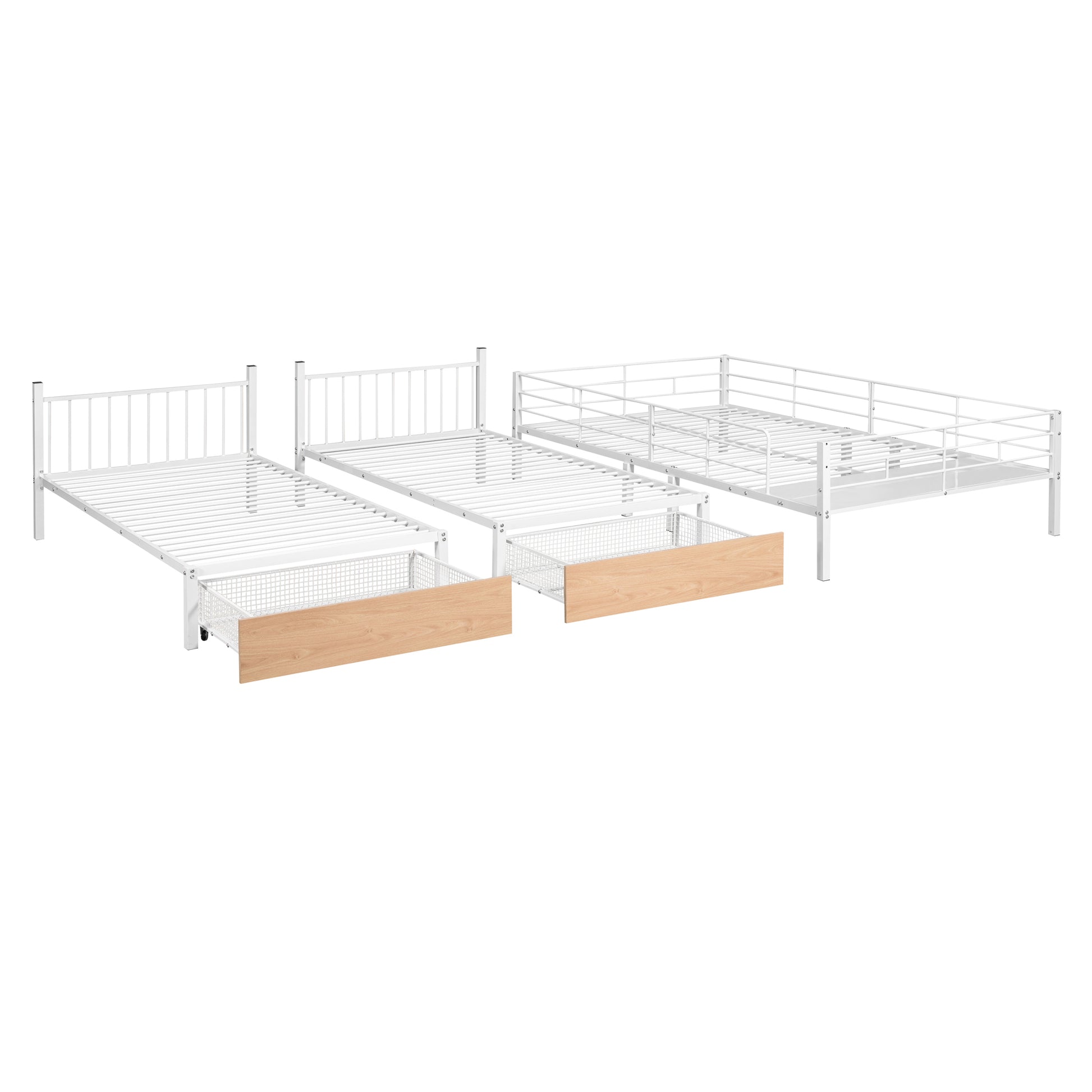 Full Over Twin & Twin Bunk Bed, Metal Triple Bunk Bed With Drawers And Guardrails, White White Metal & Wood