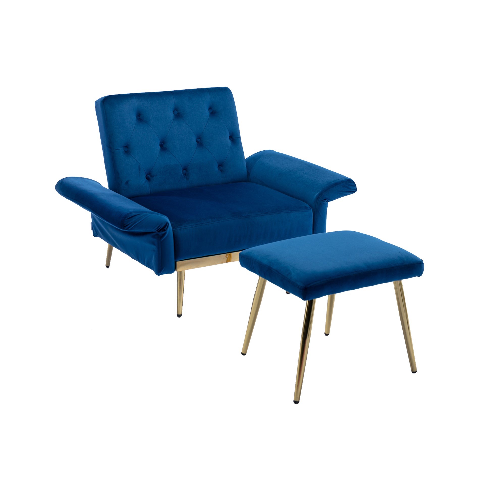 Coolmore Velvet Accent Chair With Adjustable Armrests And Backrest, Button Tufted Lounge Chair, Single Recliner Armchair With Ottoman Navy Metal