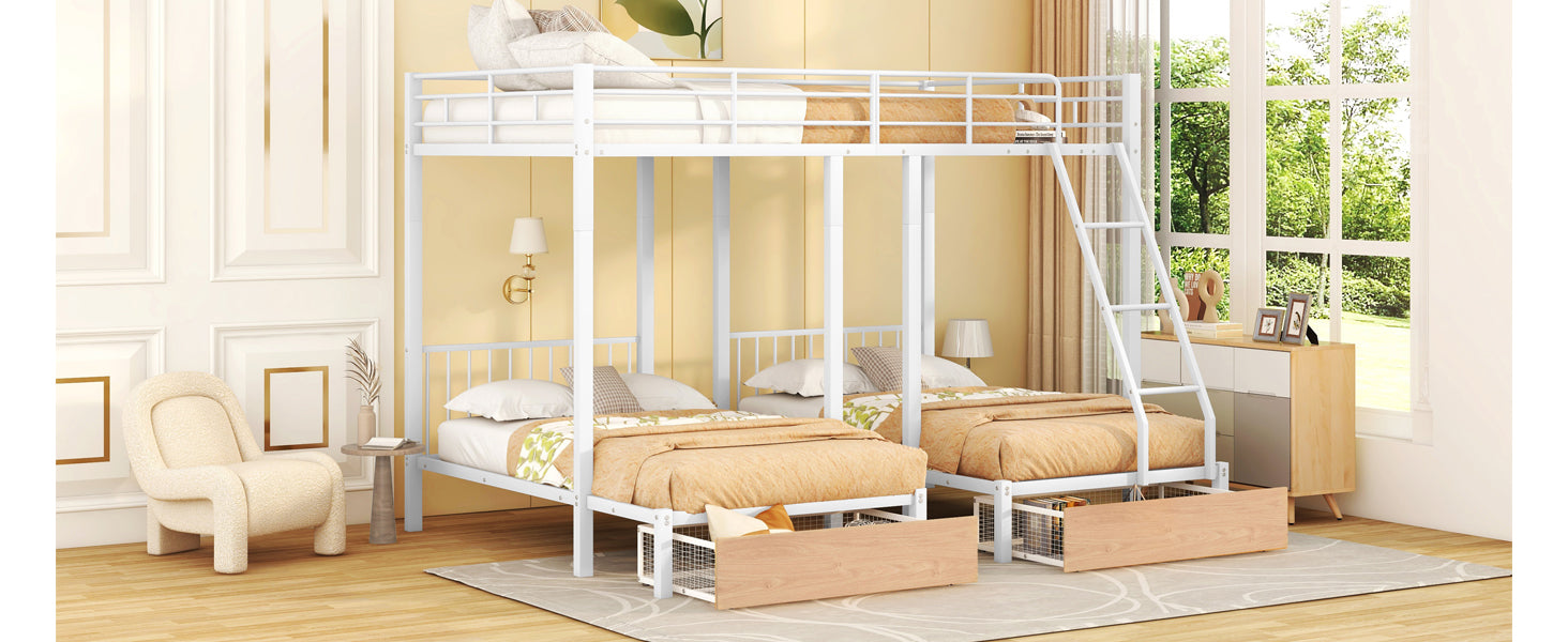 Full Over Twin & Twin Bunk Bed, Metal Triple Bunk Bed With Drawers And Guardrails, White White Metal & Wood