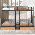 Full Over Twin & Twin Bunk Bed, Metal Triple Bunk Bed With Drawers And Guardrails, Black Black Metal & Wood