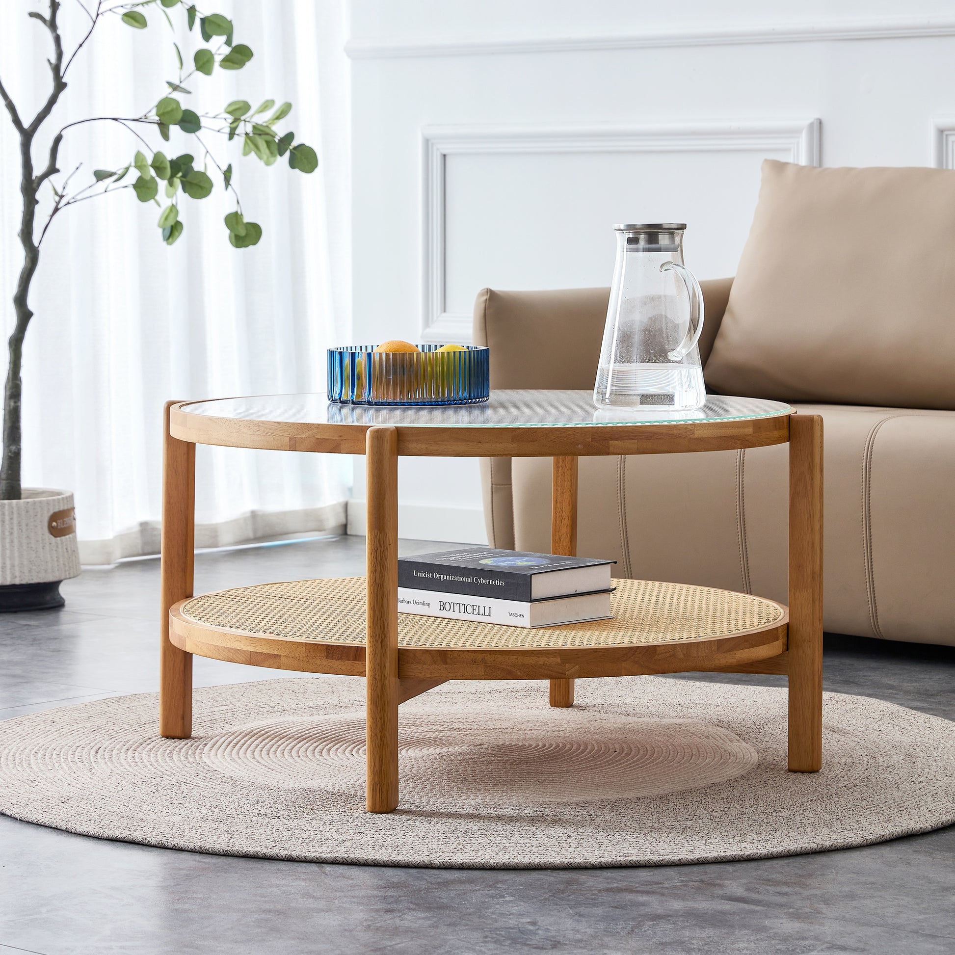 Modern Simple Circular Double Layer Solid Wood Tea Table Rattan Woven Chinese Side Table Small Round Table Suitable For Living Room, Dining Room And Bedroom Natural Wood Solid Wood